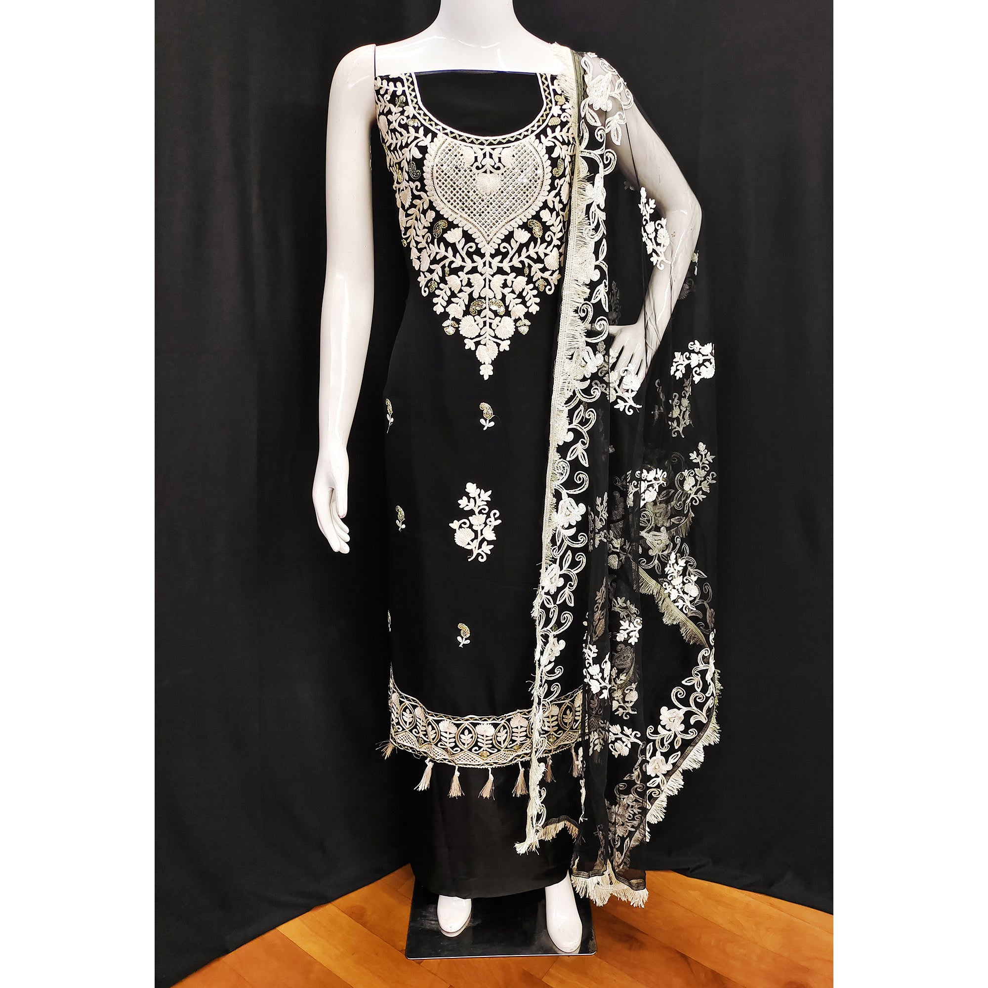 Black Floral Embroidered Georgette Dress Material