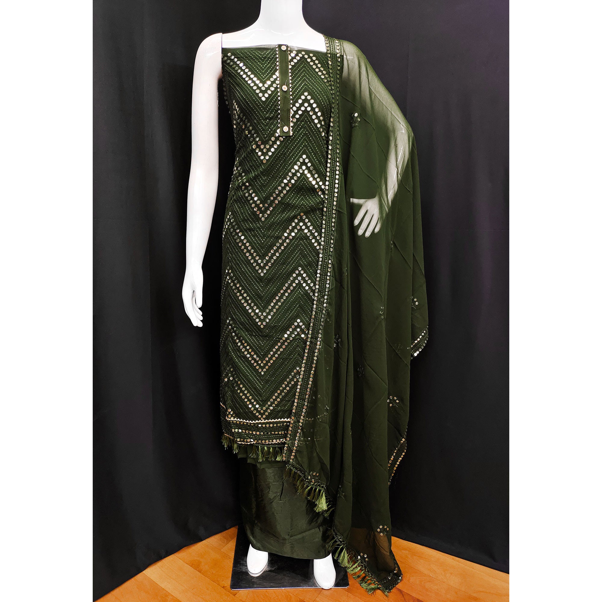 Mehendi Green Sequins Embroidered Georgette Dress Material