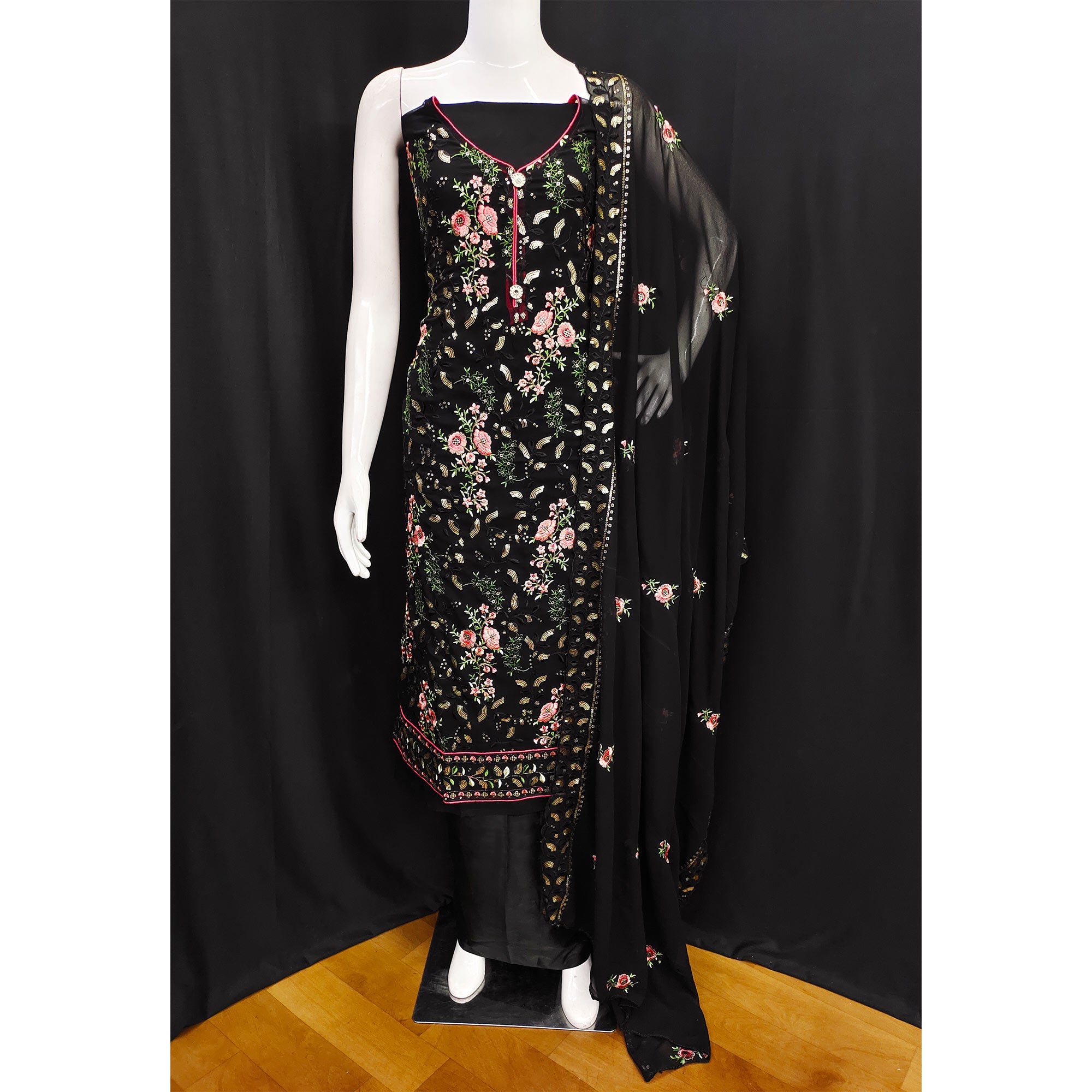 Black Sequins Embroidered Georgette Dress Material