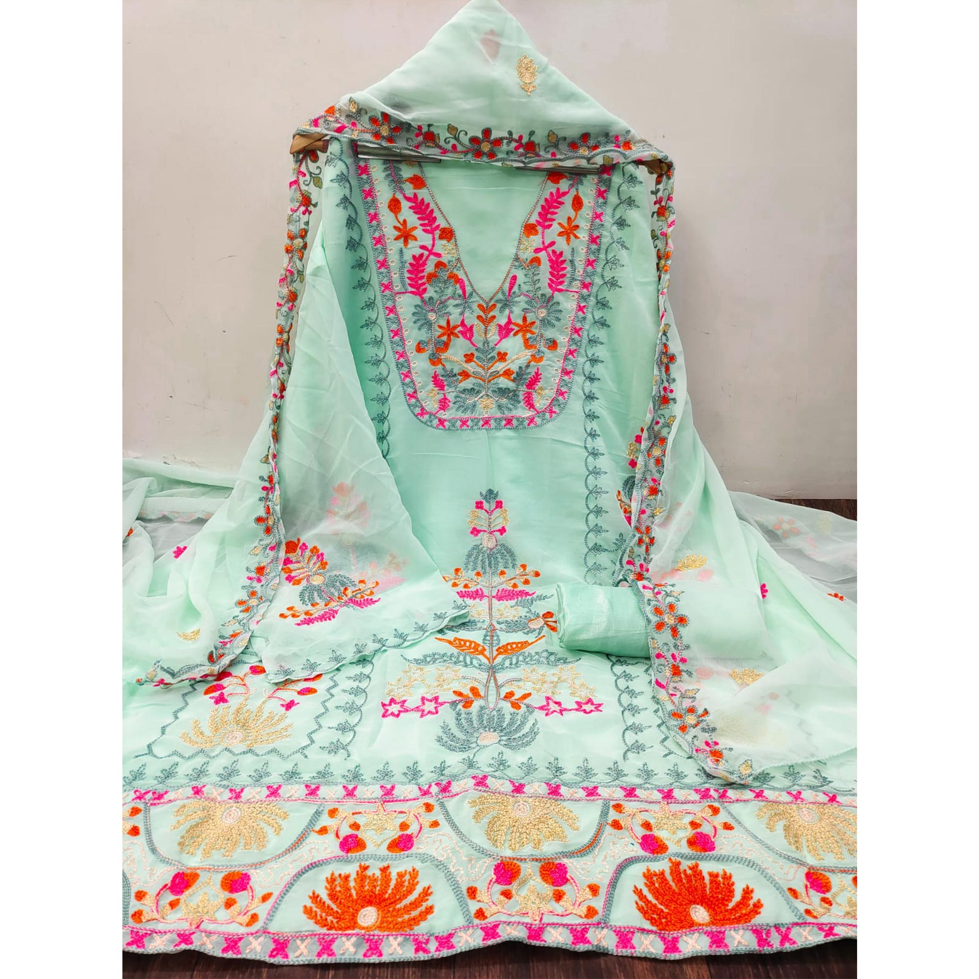 Sea Green Floral Embroidered Georgette Dress Material