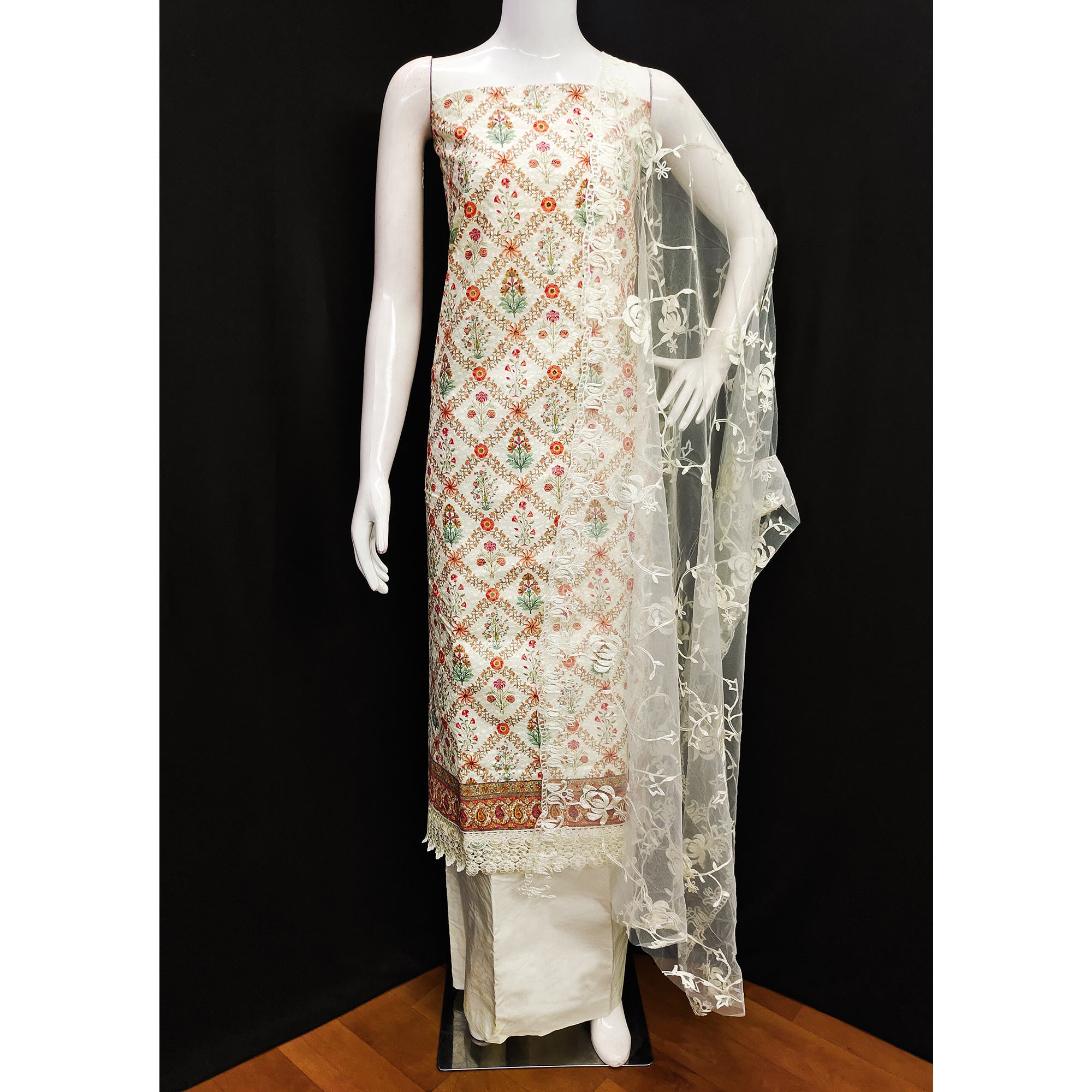 Off White Lucknowi With Printed Cotton Dress Material