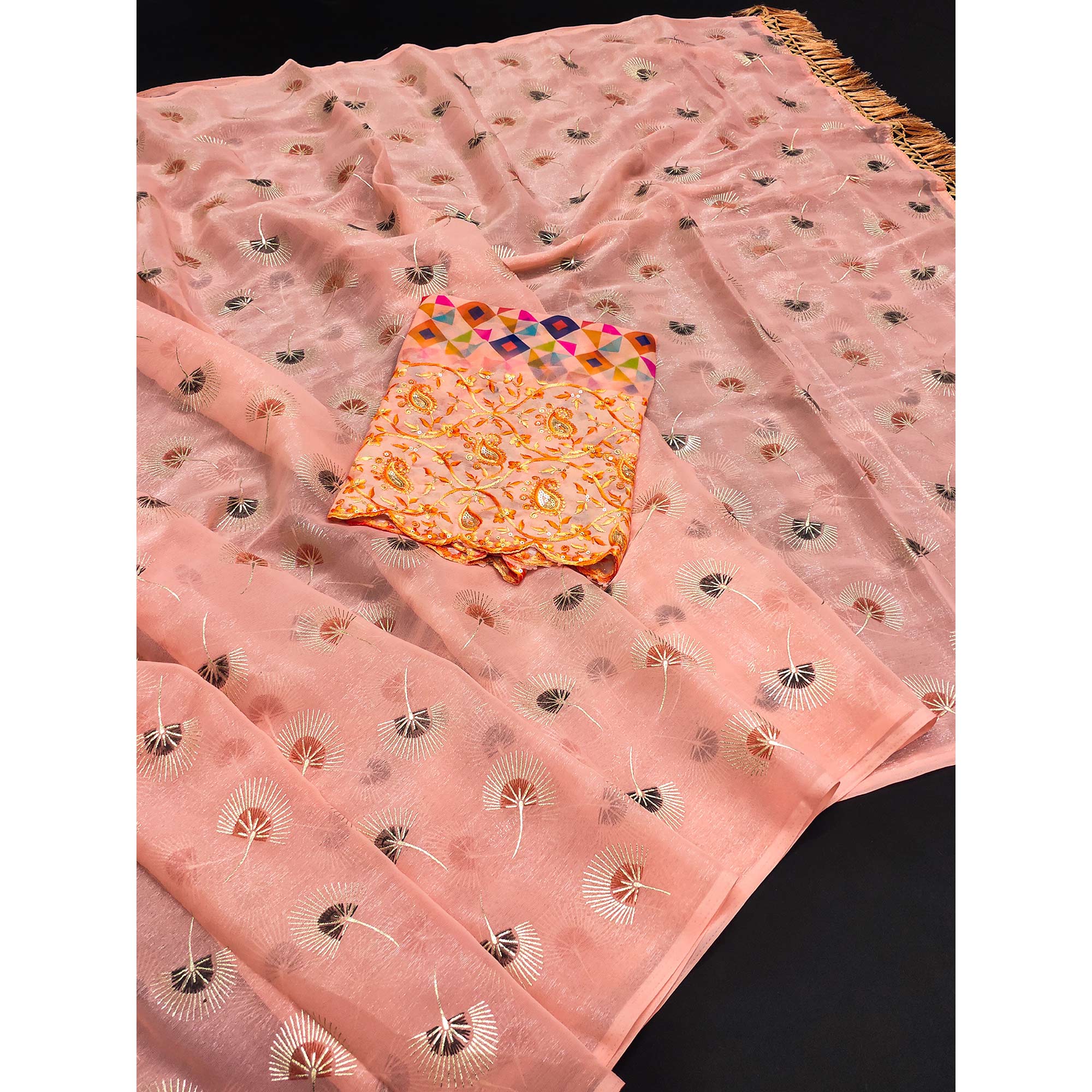 Peach Floral Embroidered Chiffon Saree