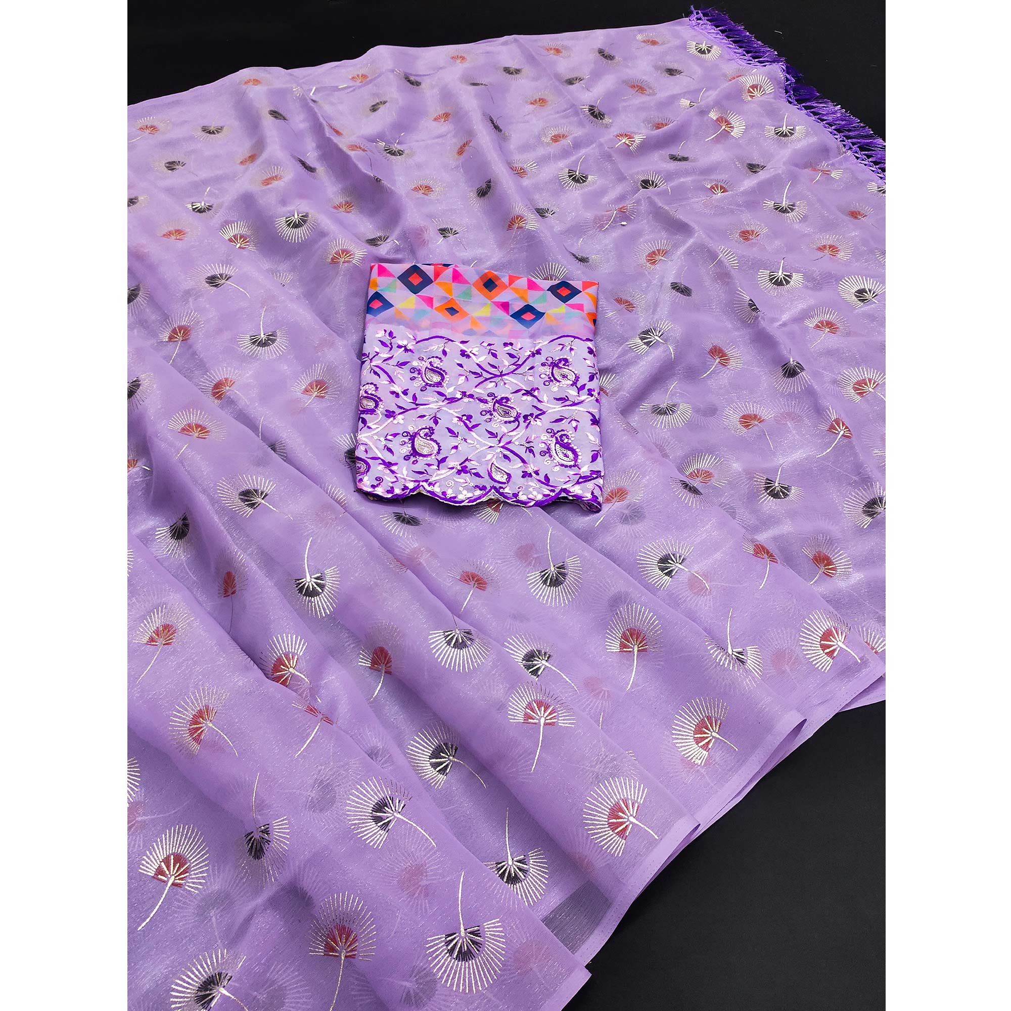 Purple Floral Embroidered Chiffon Saree