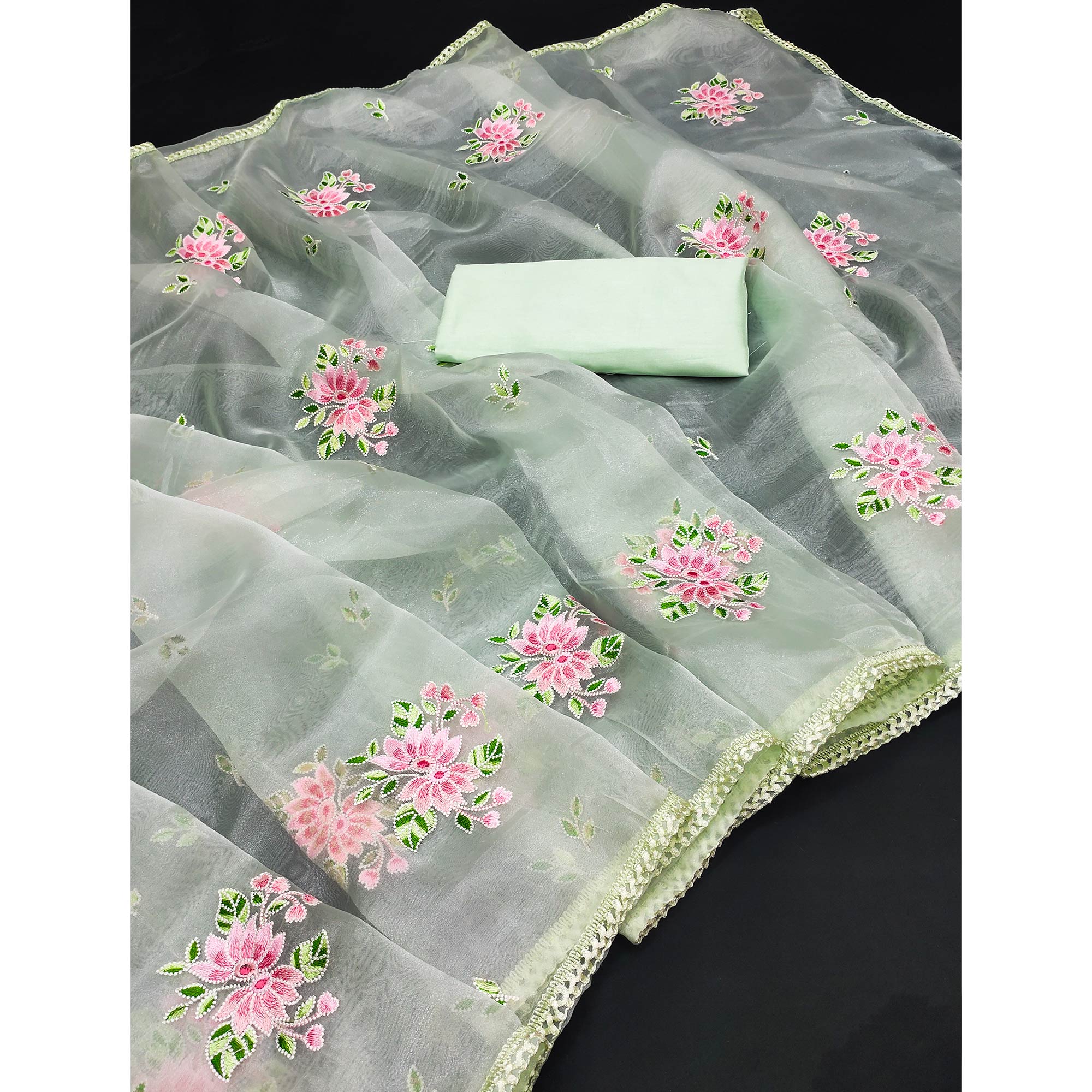 Green Floral Embroidered Organza Saree