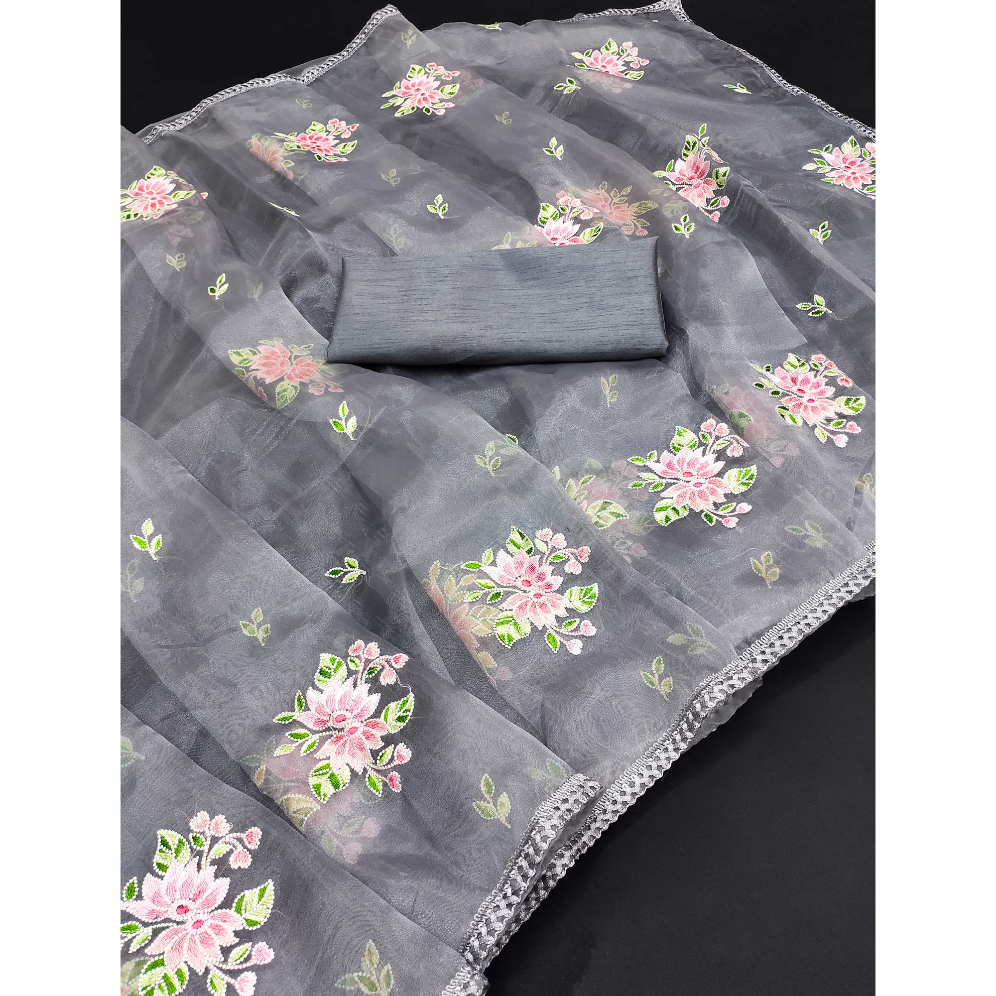 Grey Floral Embroidered Organza Saree