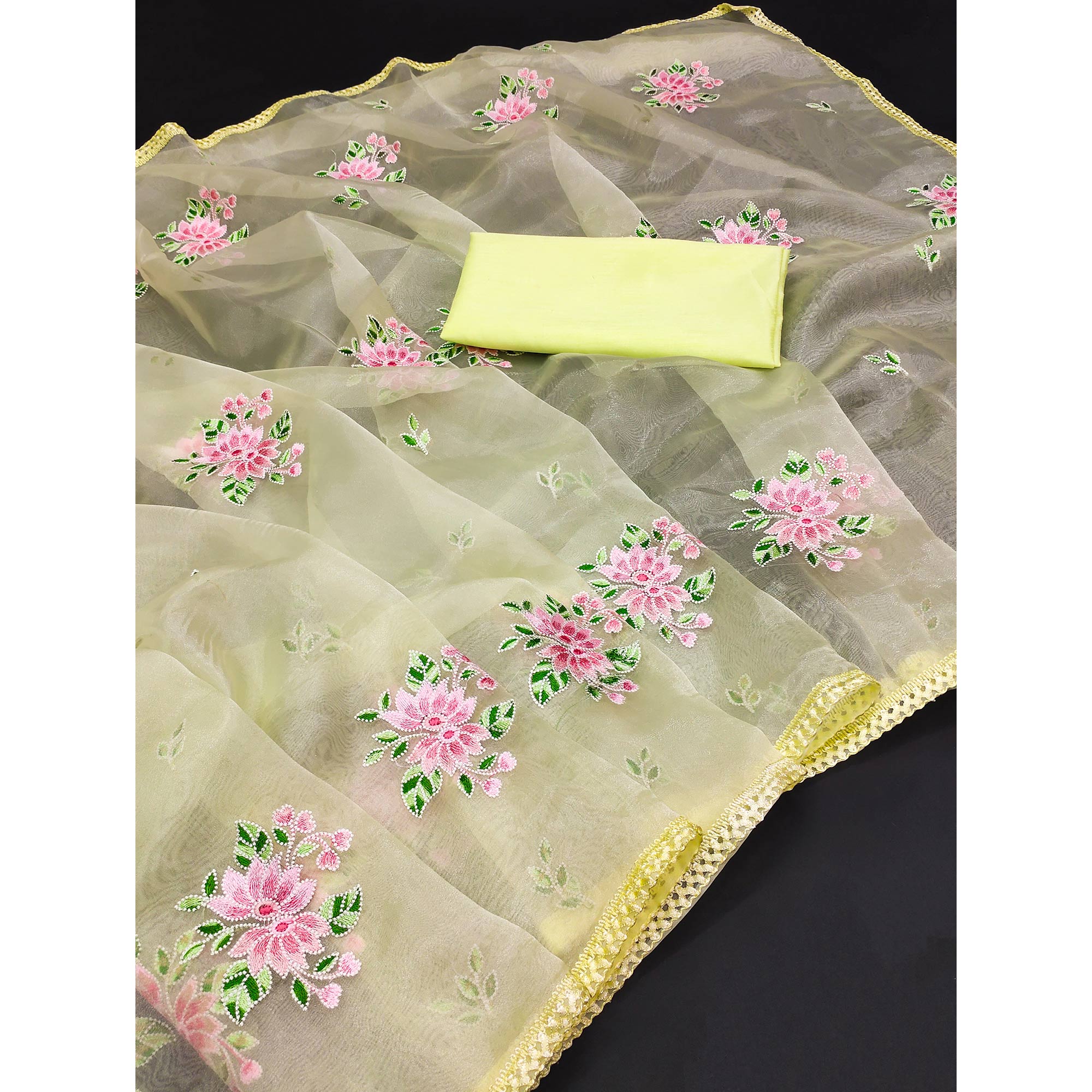Yellow Floral Embroidered Organza Saree