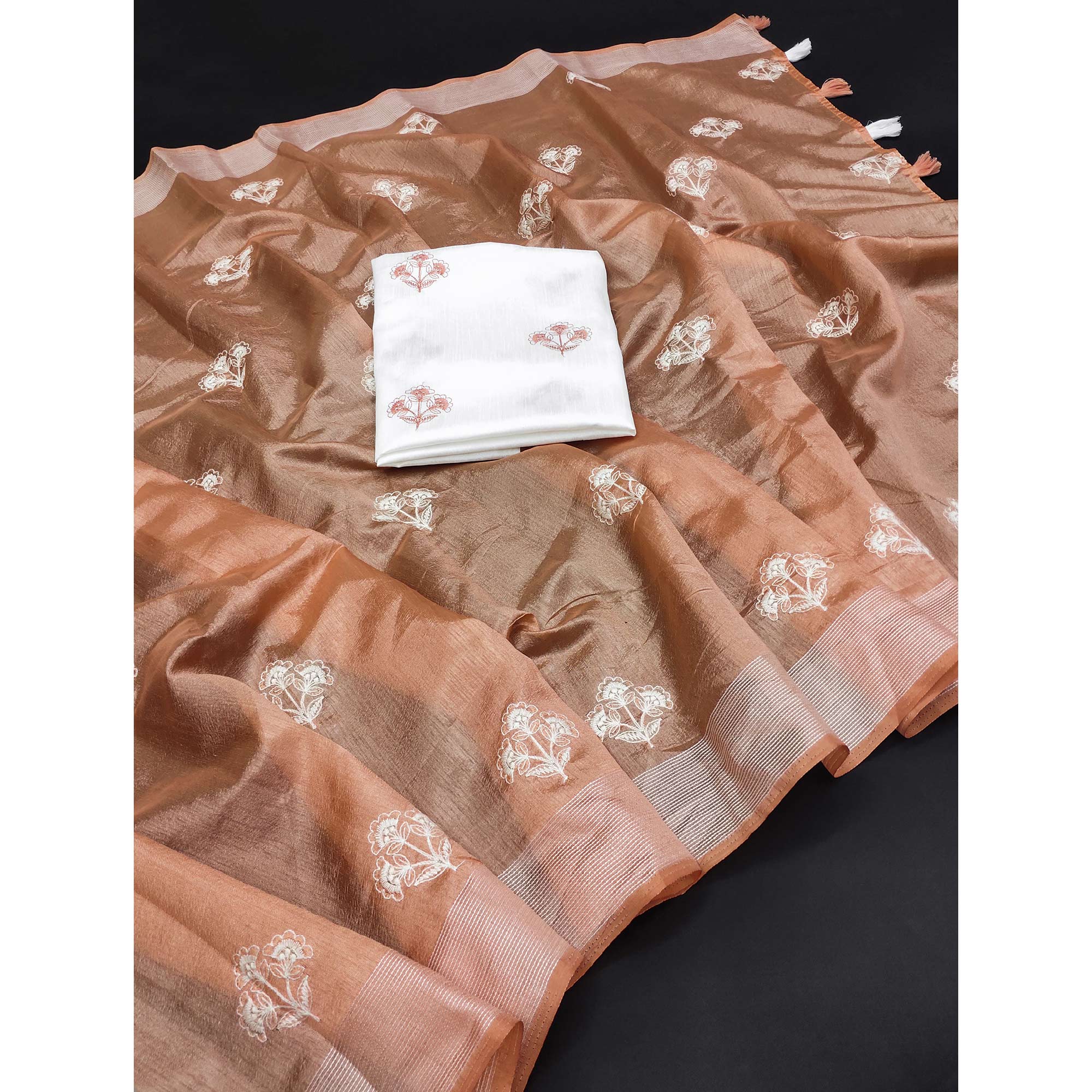 Peach Floral Embroidered Raw Silk Saree
