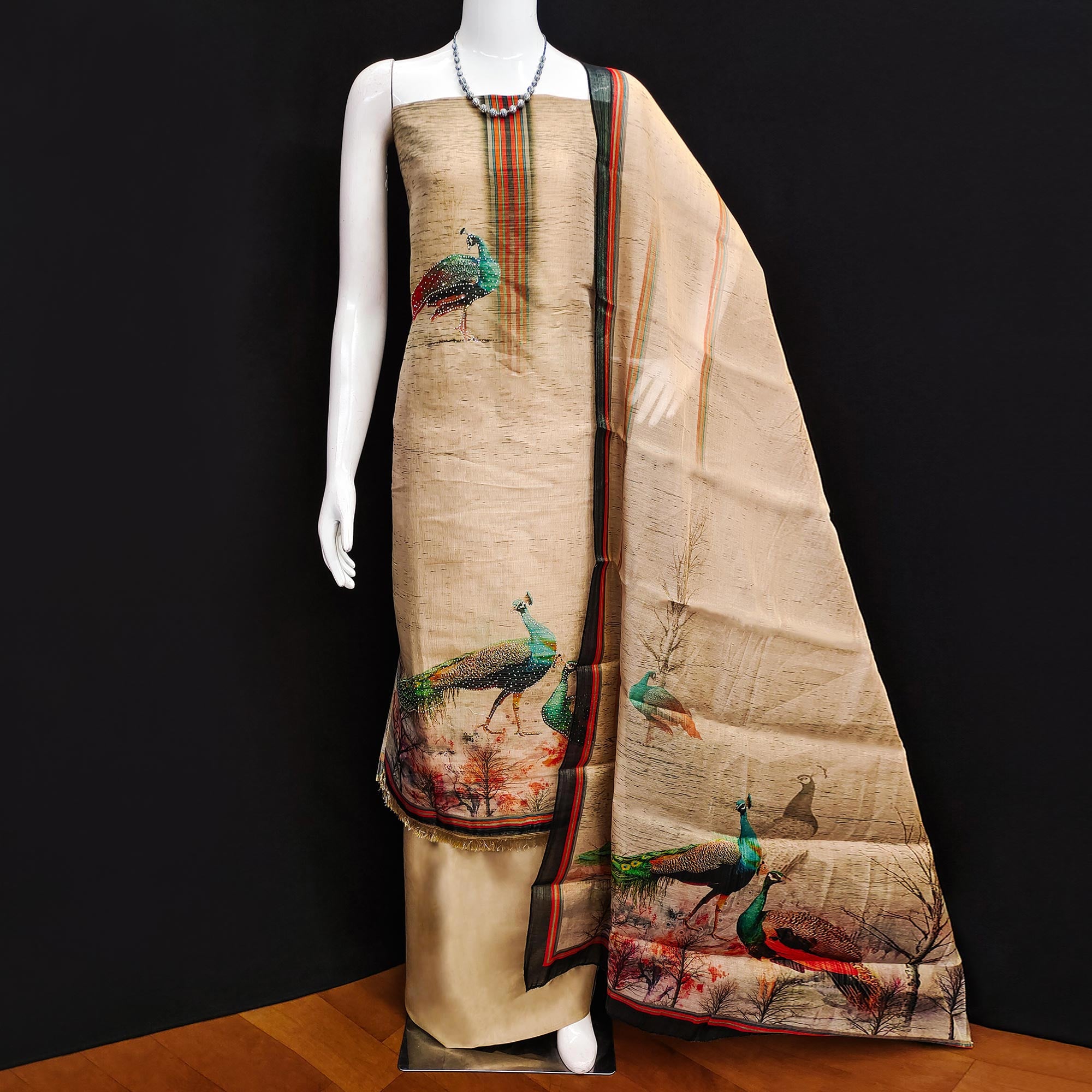 Beige Digital Printed Tussar Silk Dress Material