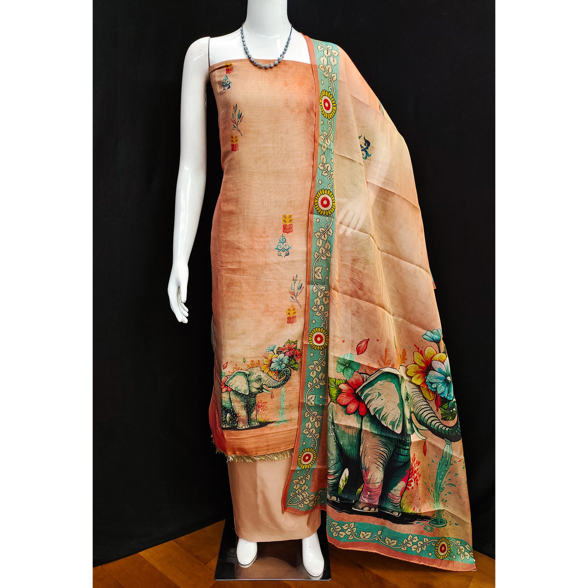 Peach Digital Printed Tussar Silk Dress Material