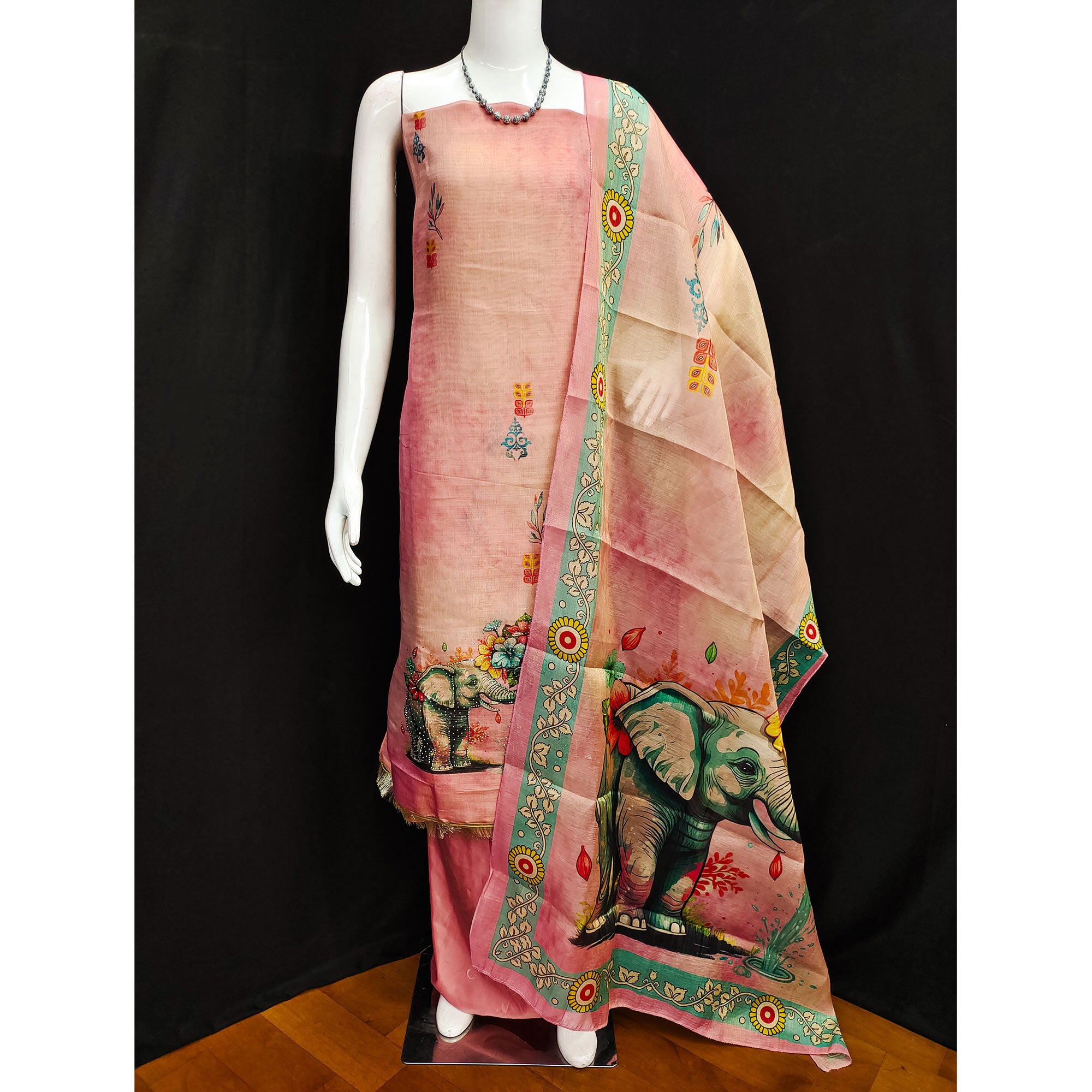 Pink Digital Printed Tussar Silk Dress Material