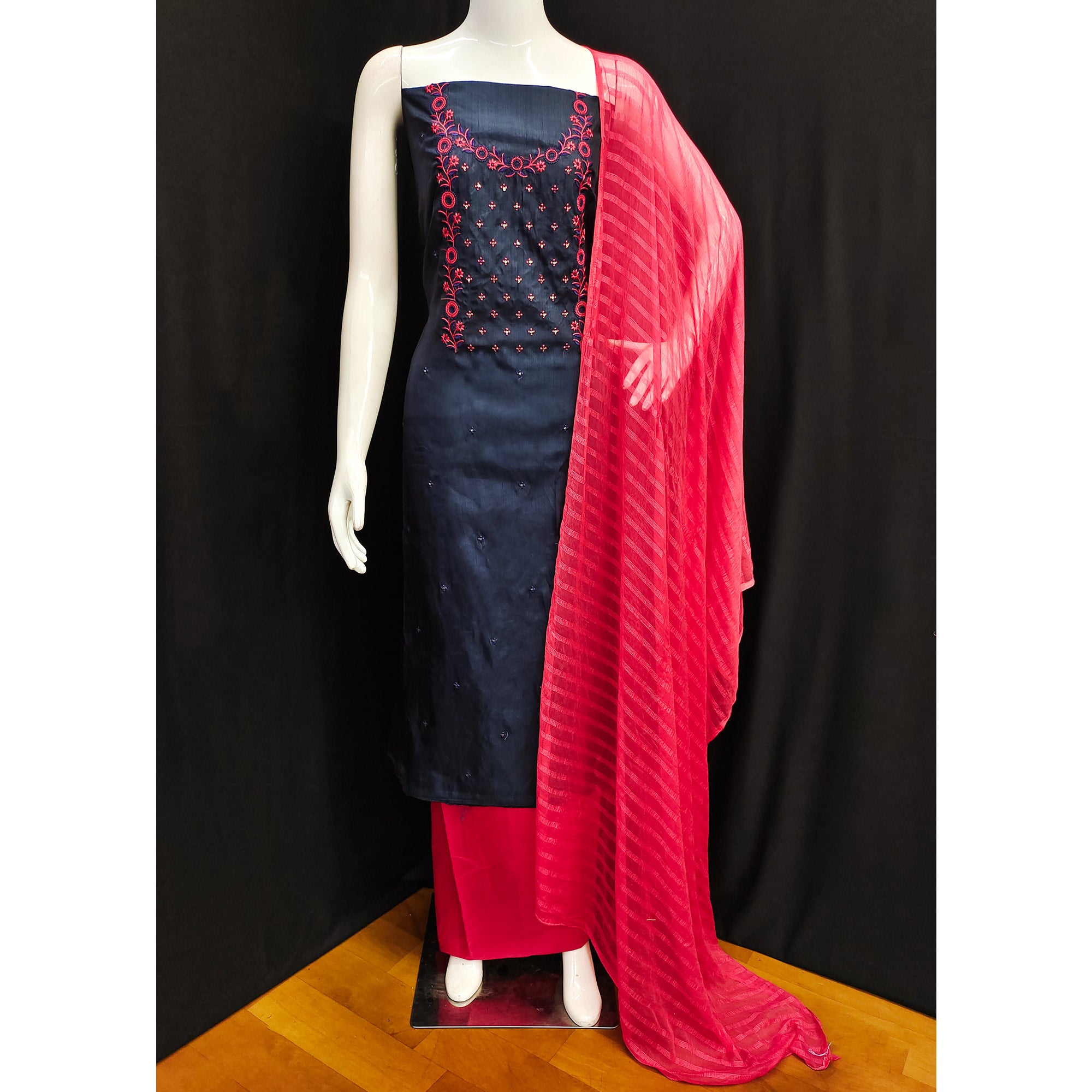 Navy Blue Embroidered Art Silk Dress Material