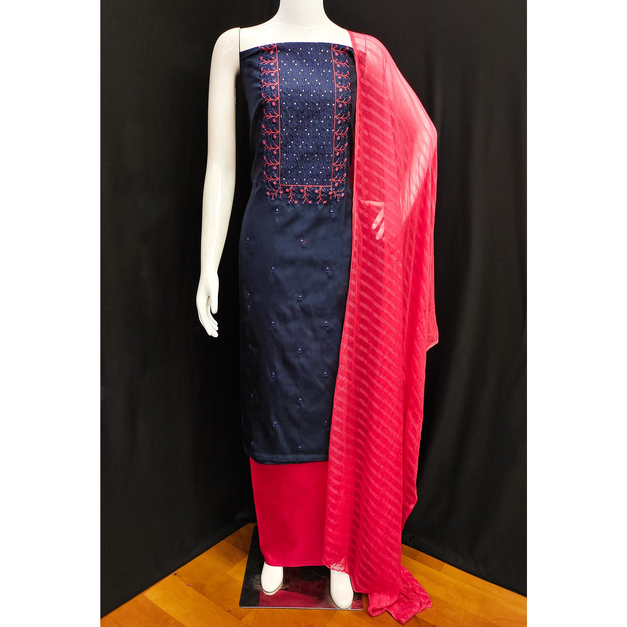 Navy Blue Embroidered Art Silk Dress Material