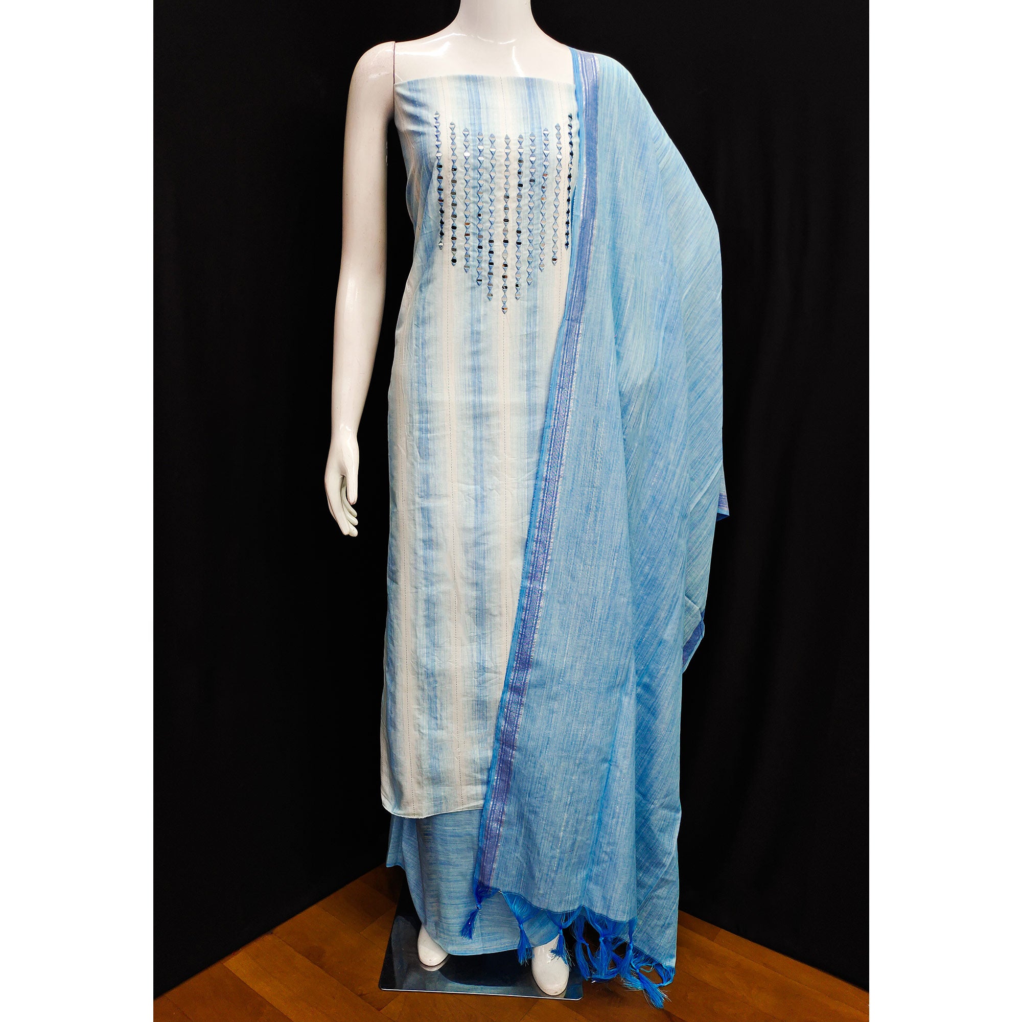 Blue Embroidered Pure Cotton Dress Material