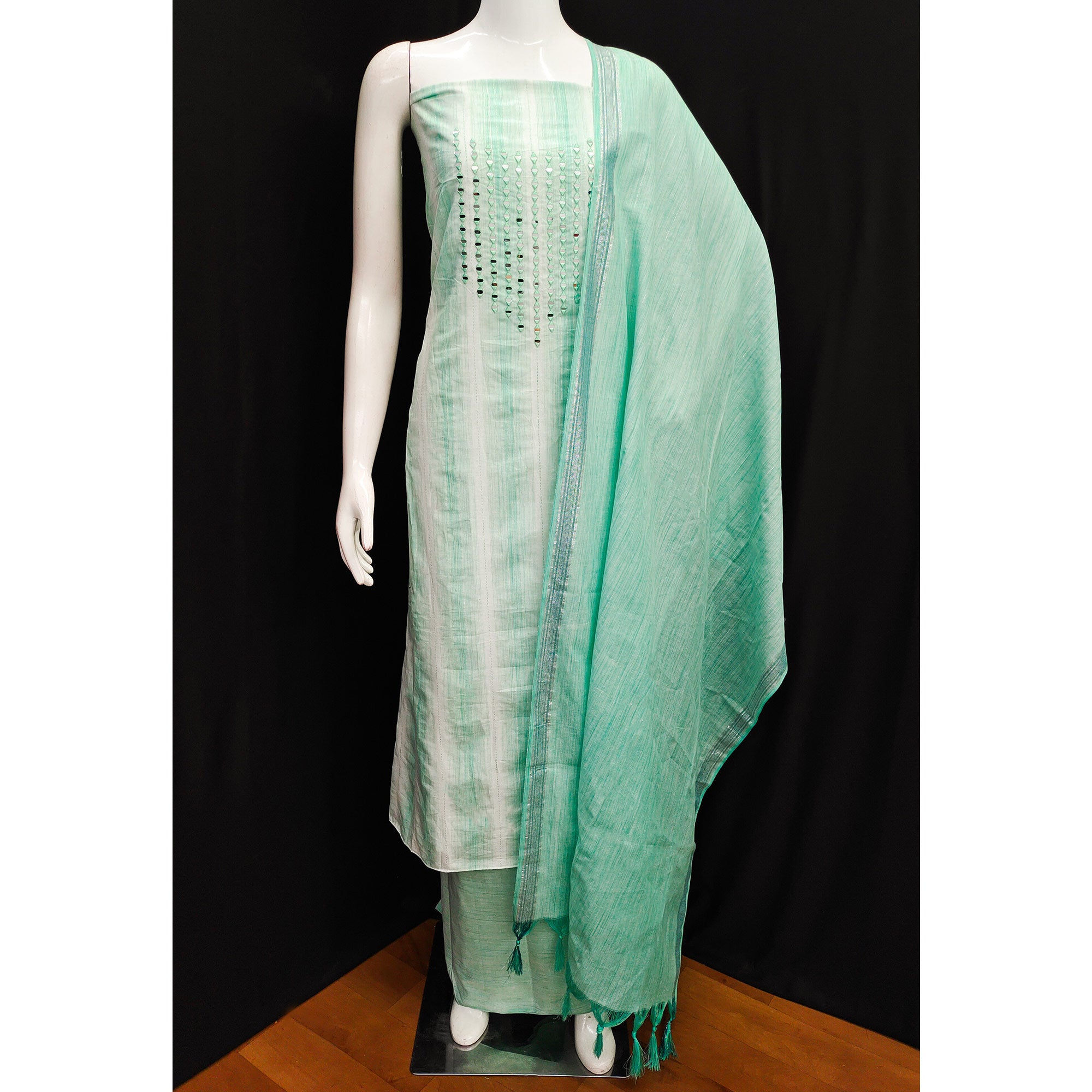 Green Embroidered Pure Cotton Dress Material