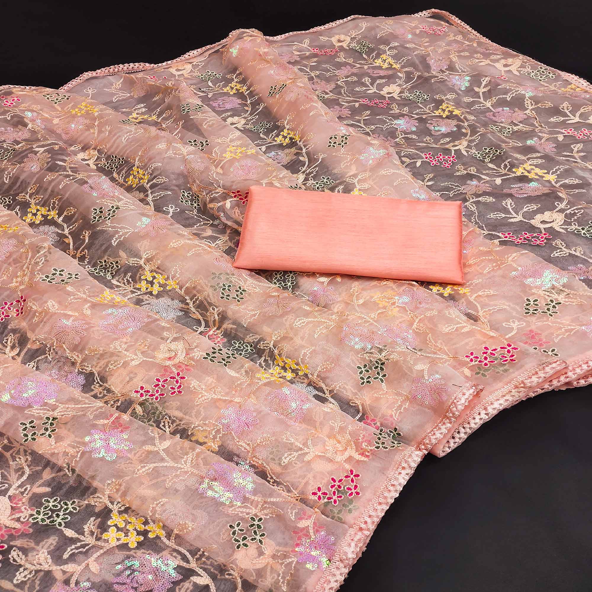 Peach Floral Embroidered Organza Saree