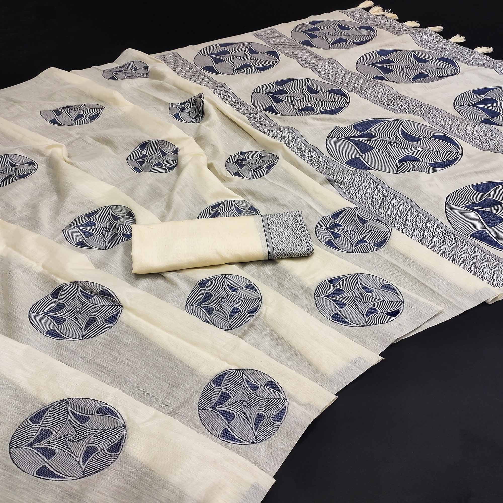 Off White Woven Pure Cotton Saree With Tassels