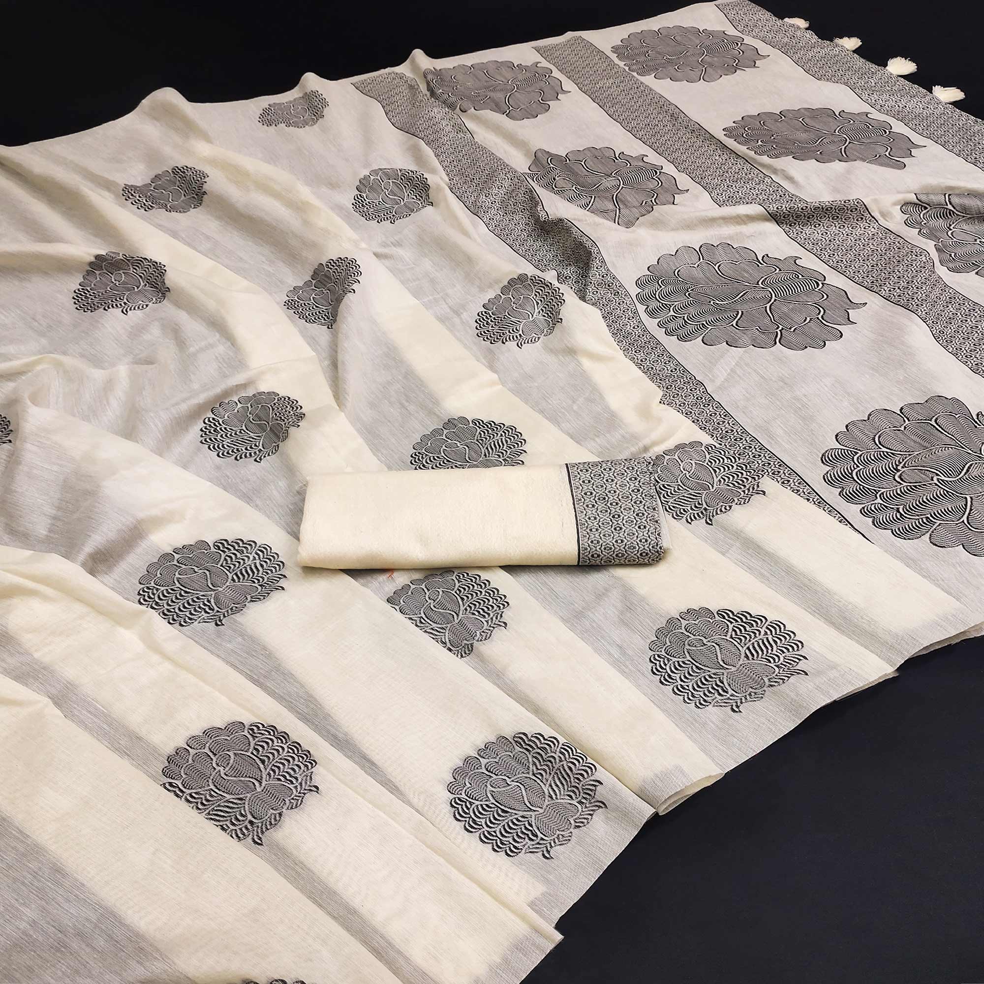 Off White Woven Pure Cotton Saree With Tassels