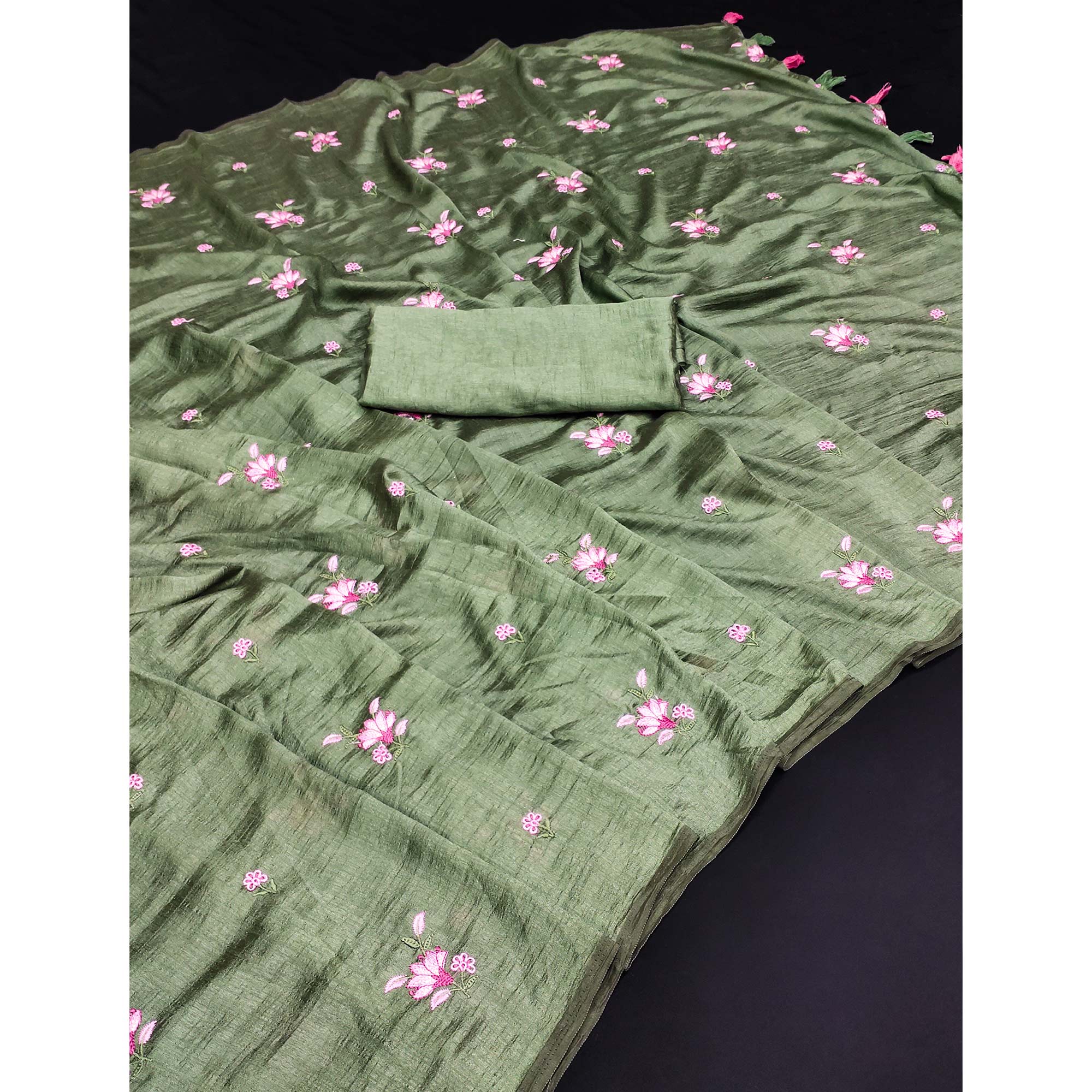 Green Floral Embroidered Vichitra Silk Saree