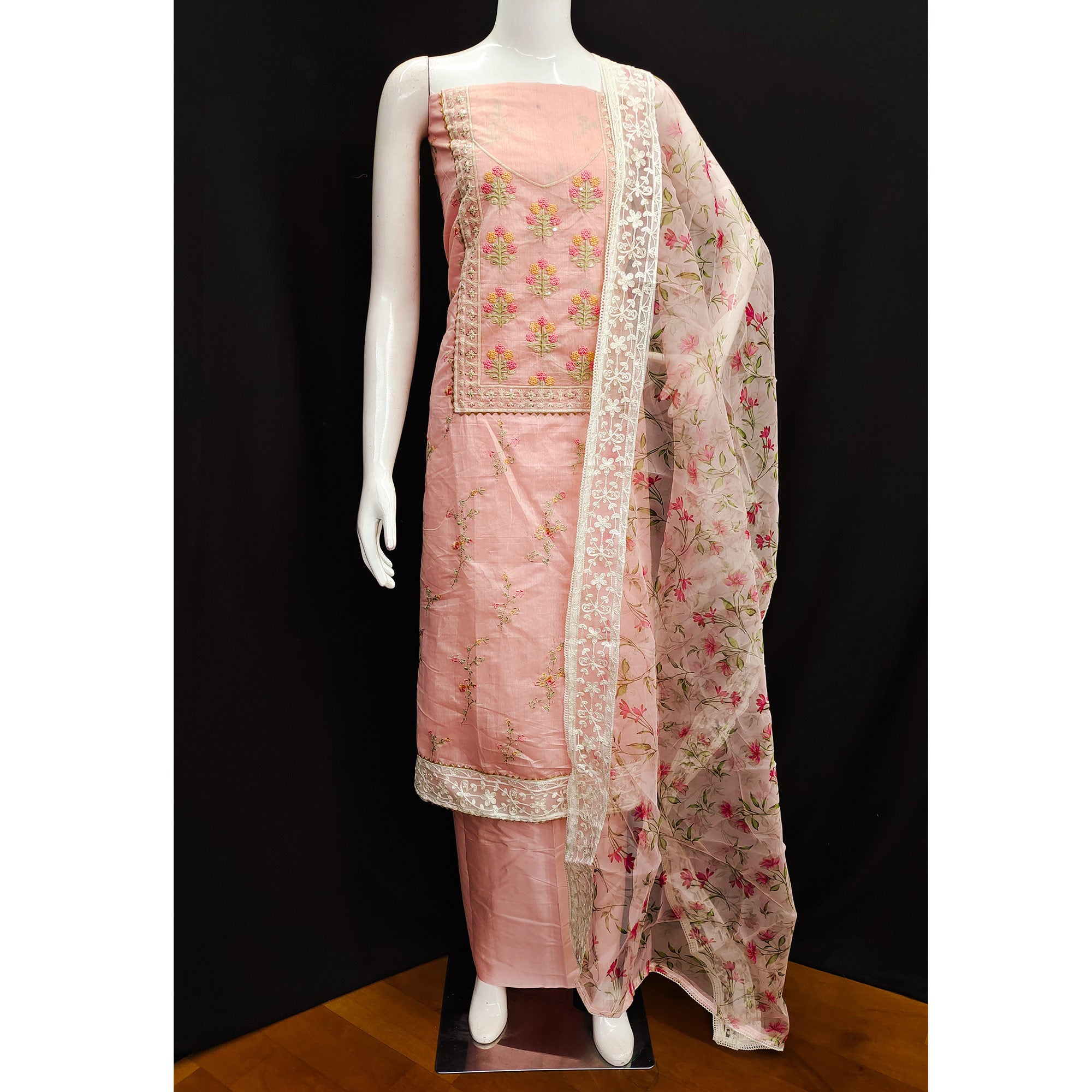 Peach Floral Embroidered Chanderi Dress Material