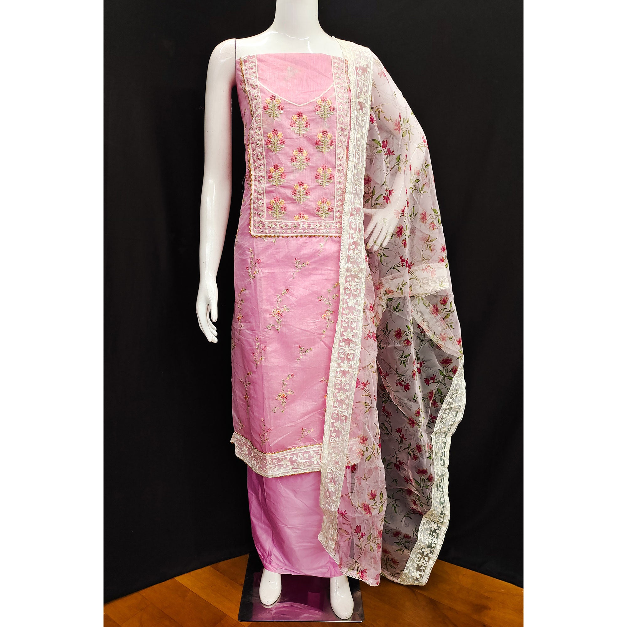 Pink Floral Embroidered Chanderi Dress Material