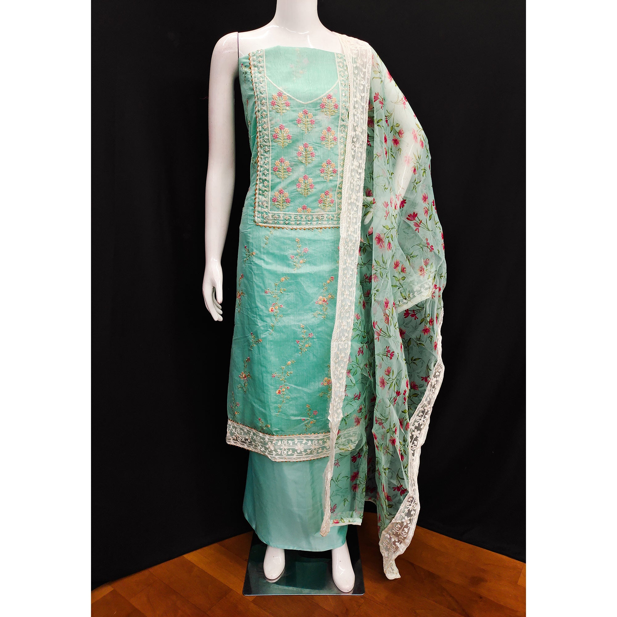 Turquoise Floral Embroidered Chanderi Dress Material