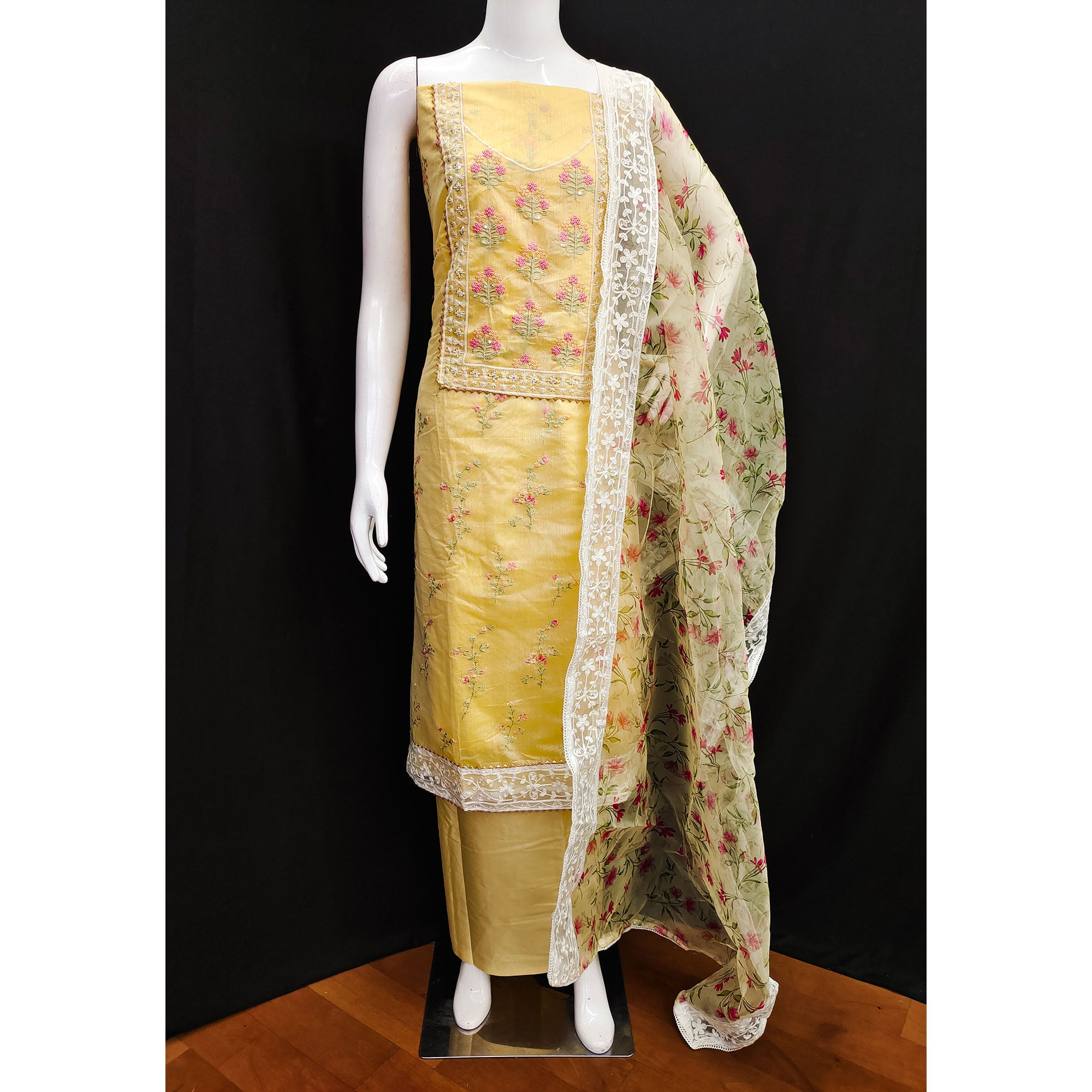 Yellow Floral Embroidered Chanderi Dress Material