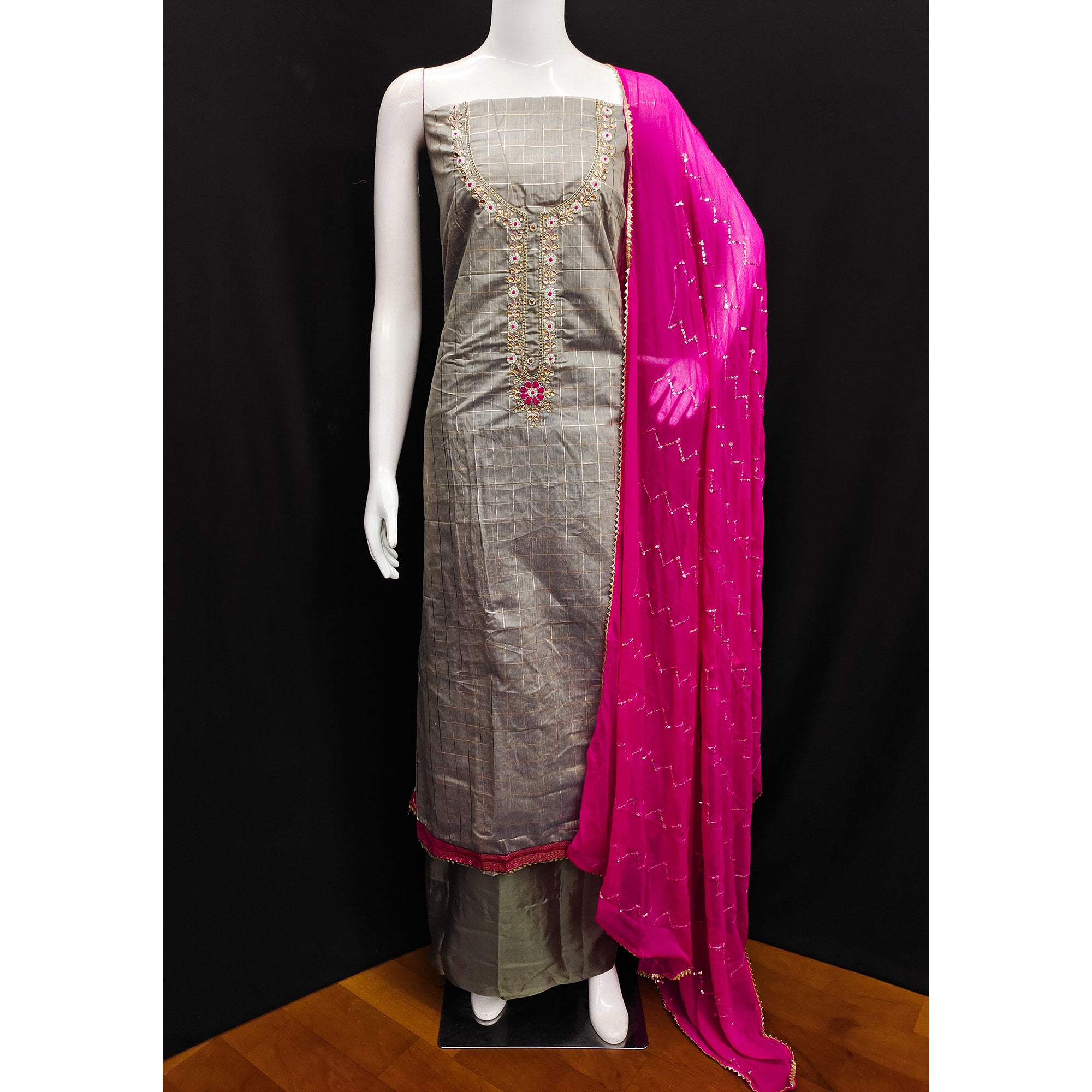 Grey Embroidered Chanderi Dress Material