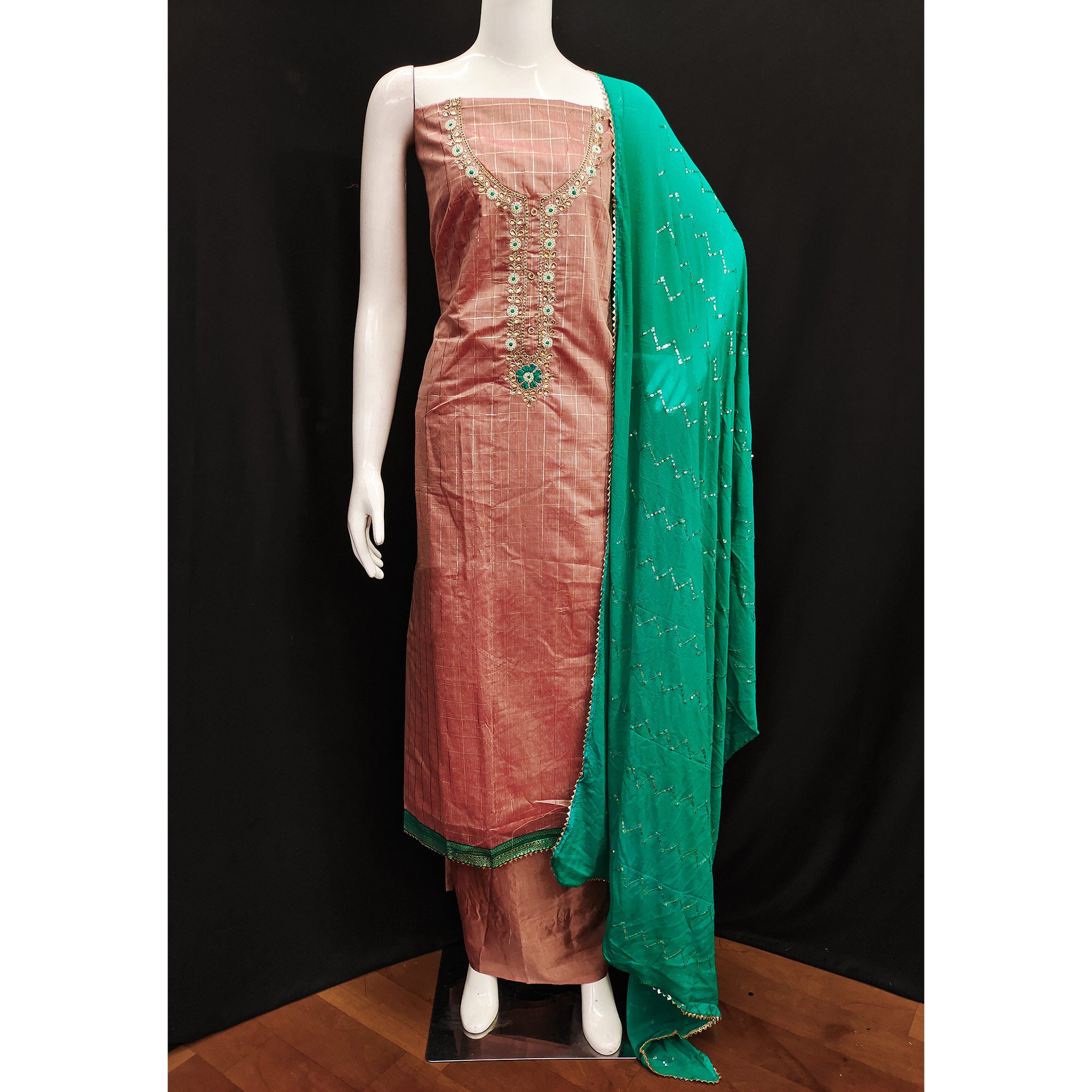 Peach Embroidered Chanderi Dress Material