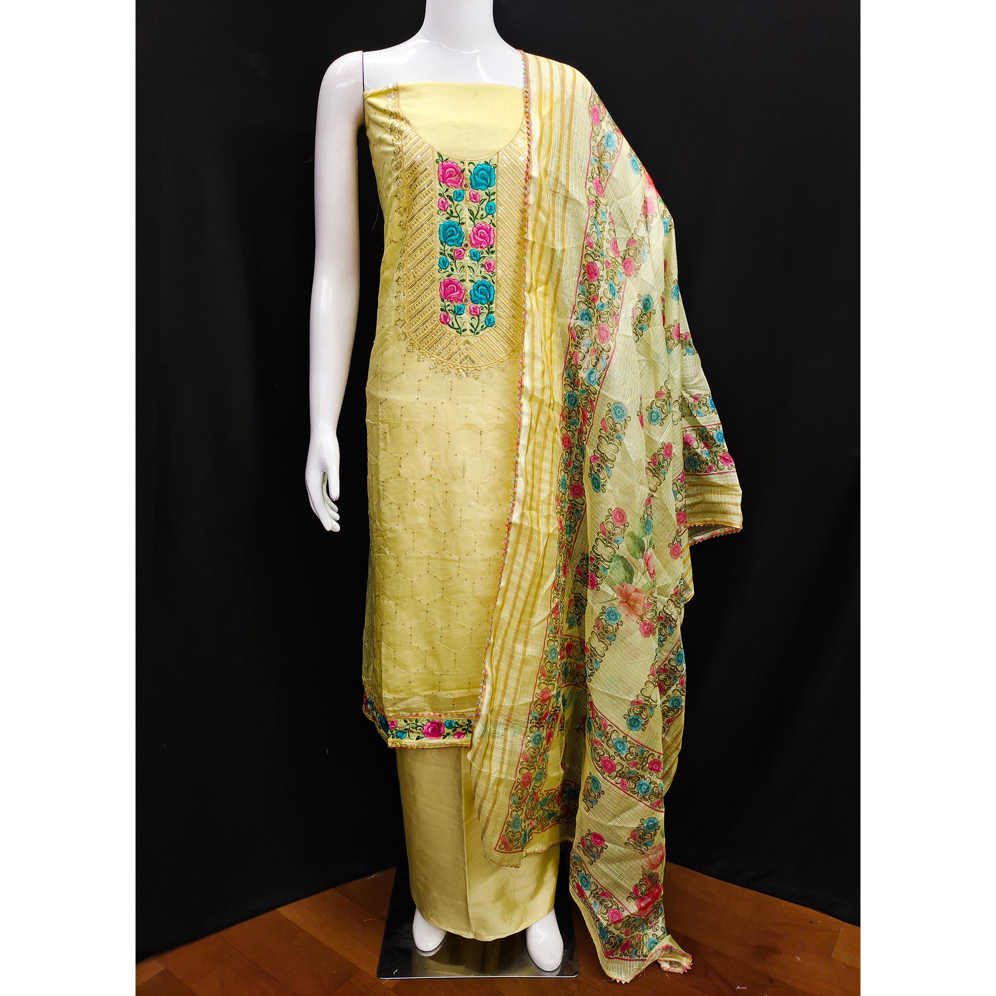 Yellow Embroidered Chanderi Dress Material