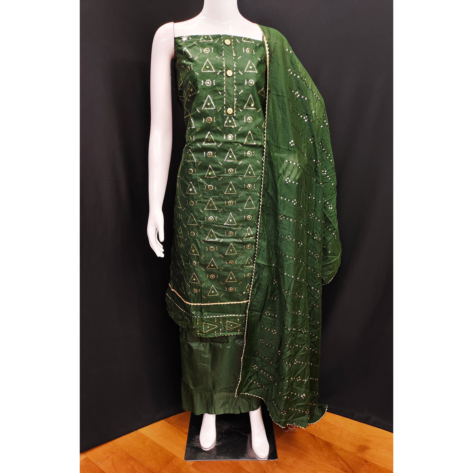 Mehandi Green Embroidered Cotton Blend Dress Material
