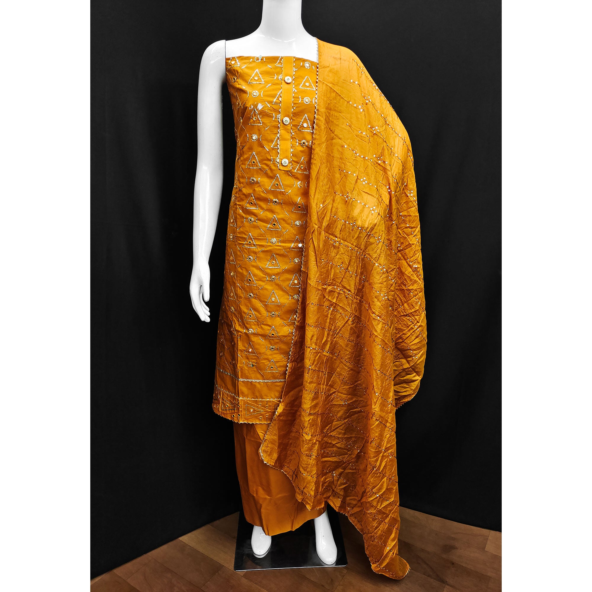 Mustard Embroidered Cotton Blend Dress Material