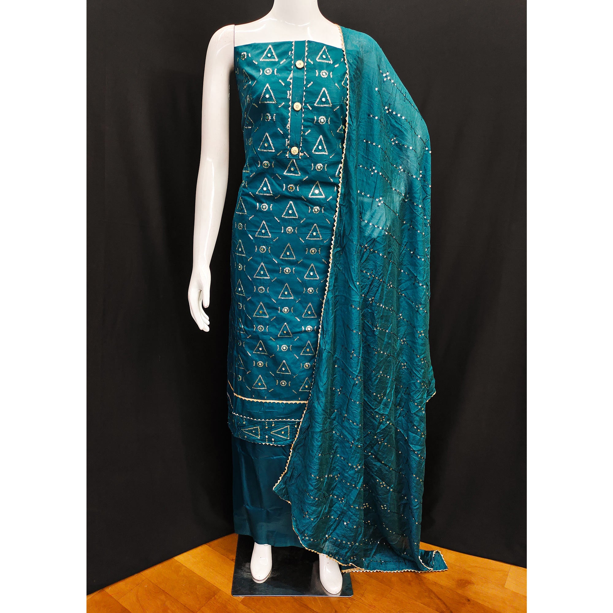 Teal Blue Embroidered Cotton Blend Dress Material