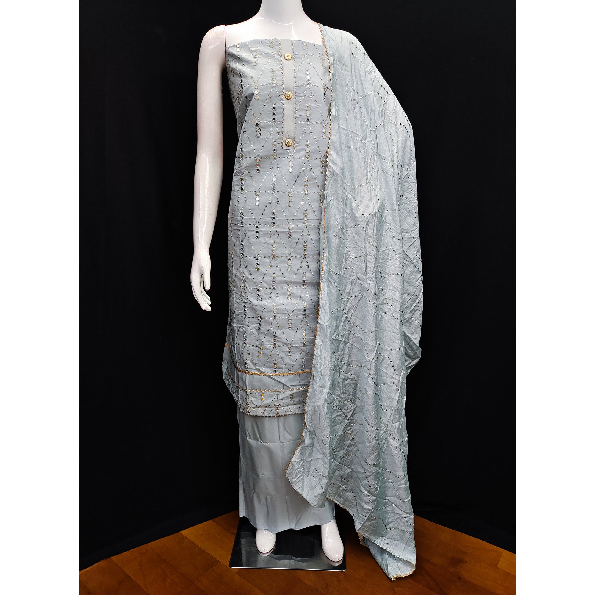 Grey Embroidered Cotton Blend Dress Material