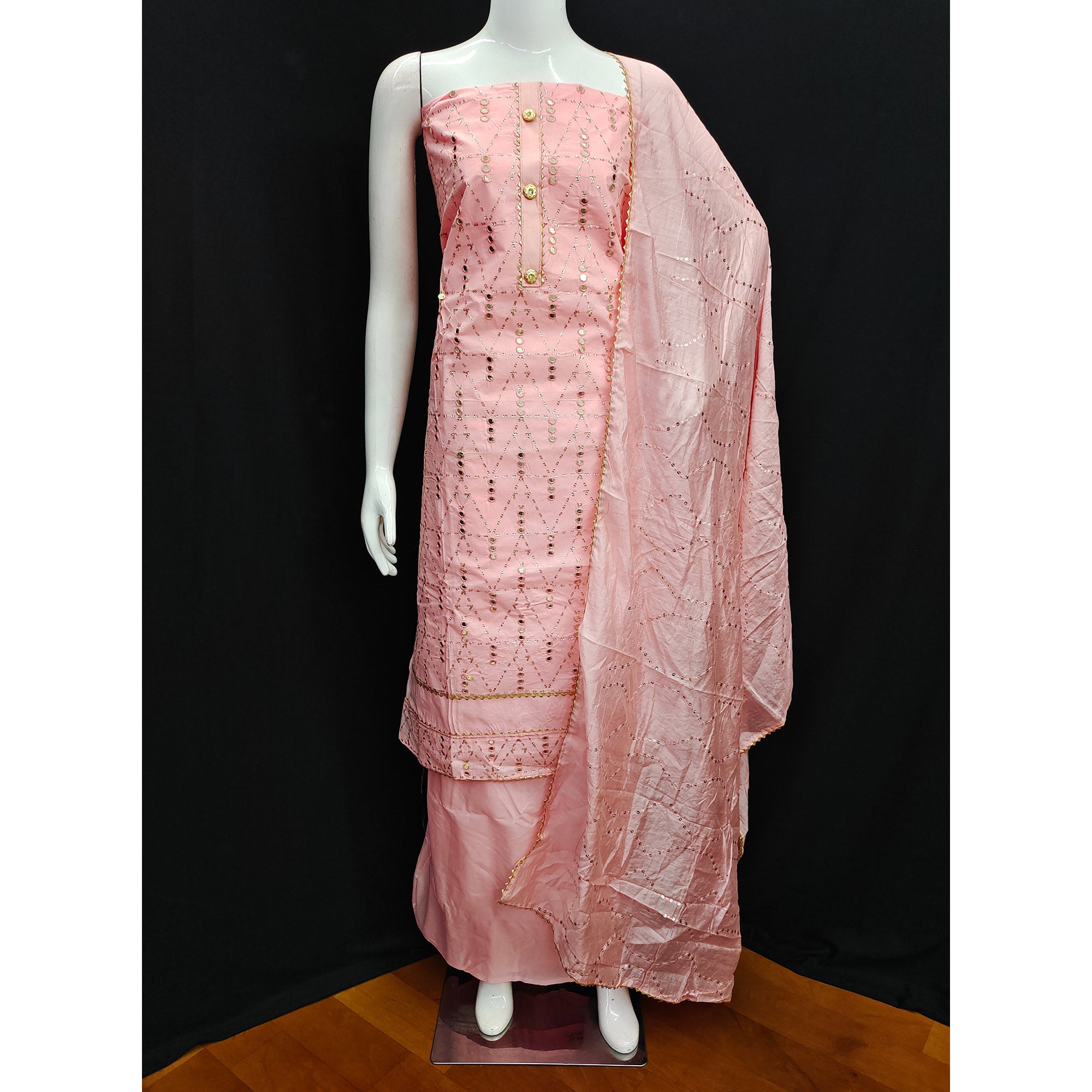 Peach Embroidered Cotton Blend Dress Material