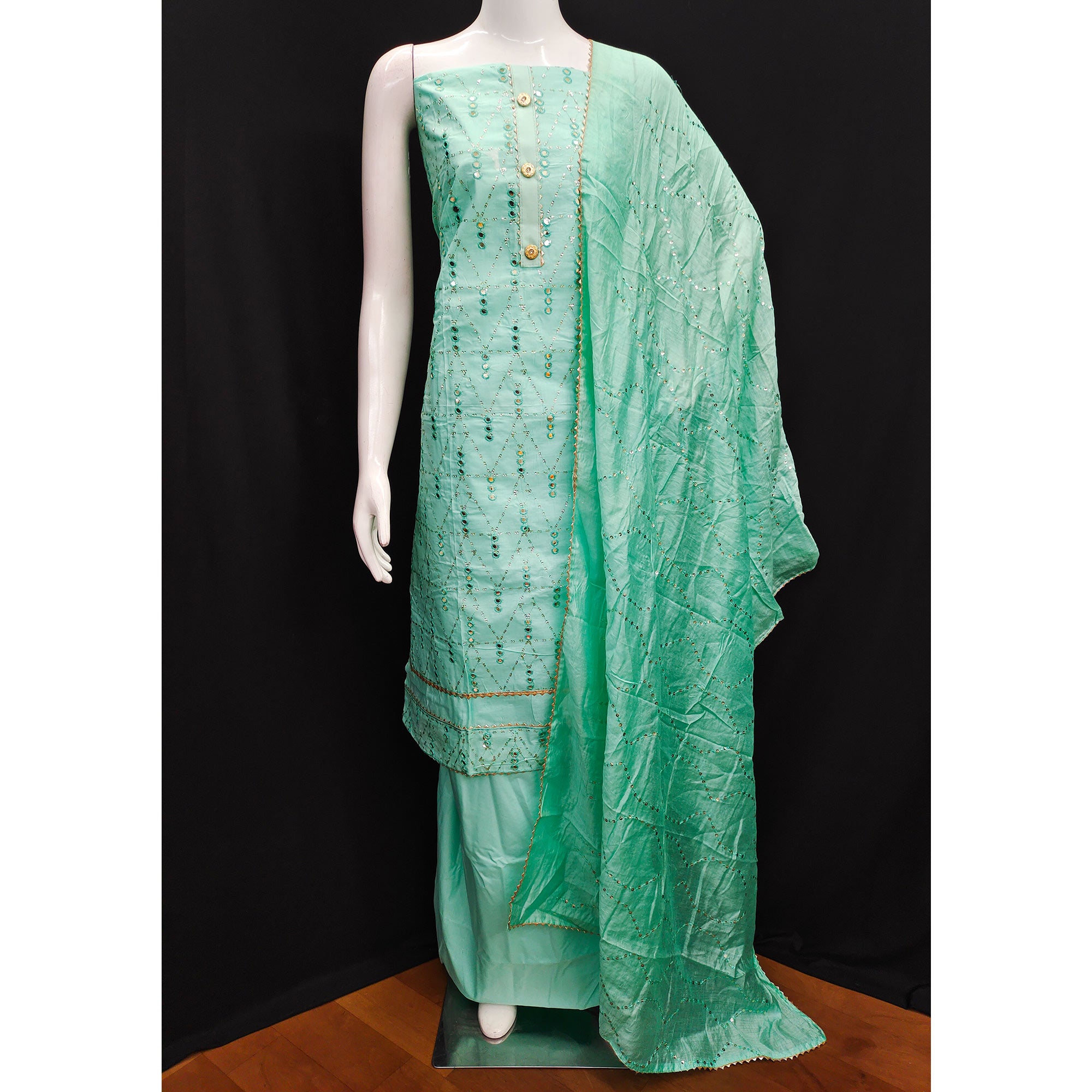 Turquoise Embroidered Cotton Blend Dress Material