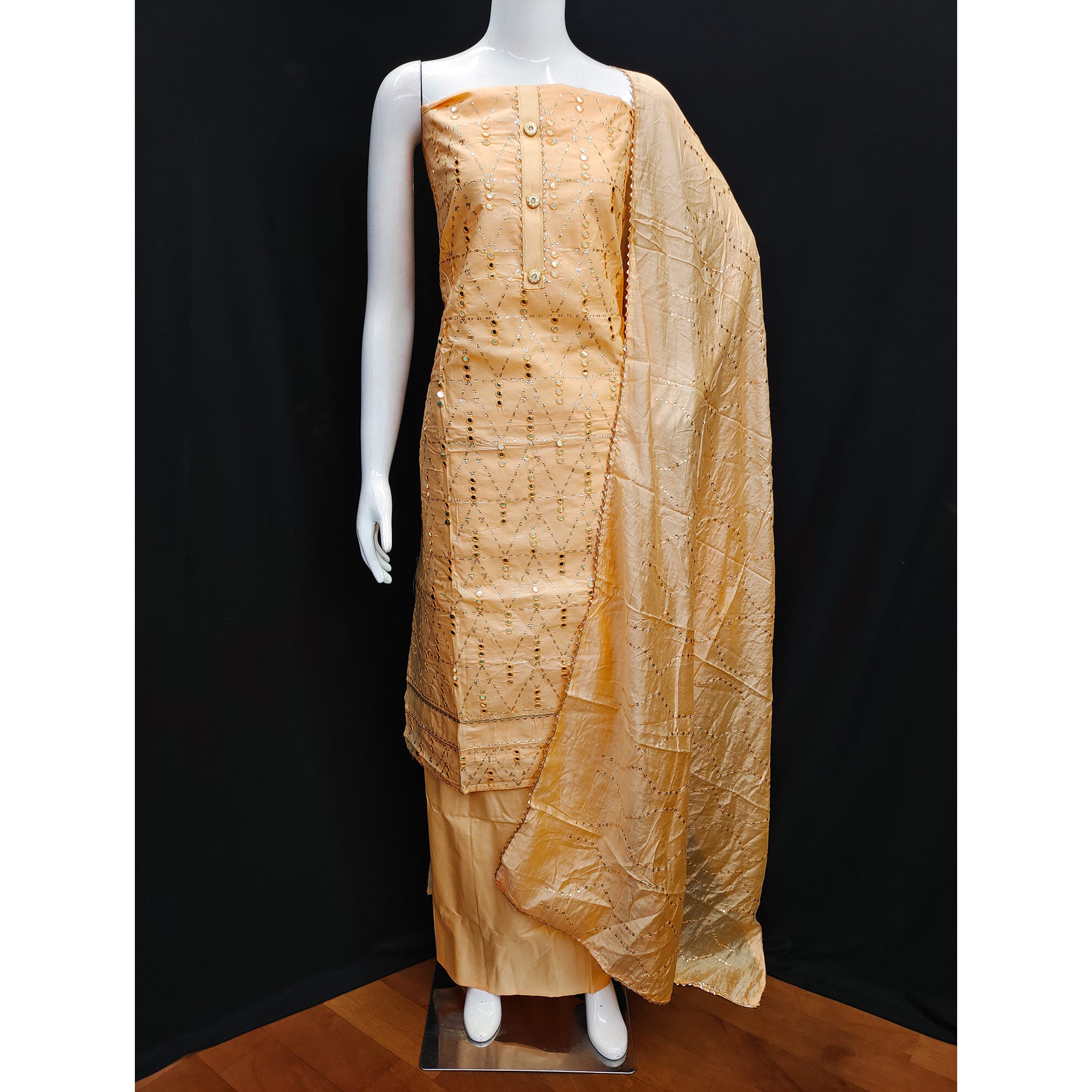 Yellow Embroidered Cotton Blend Dress Material