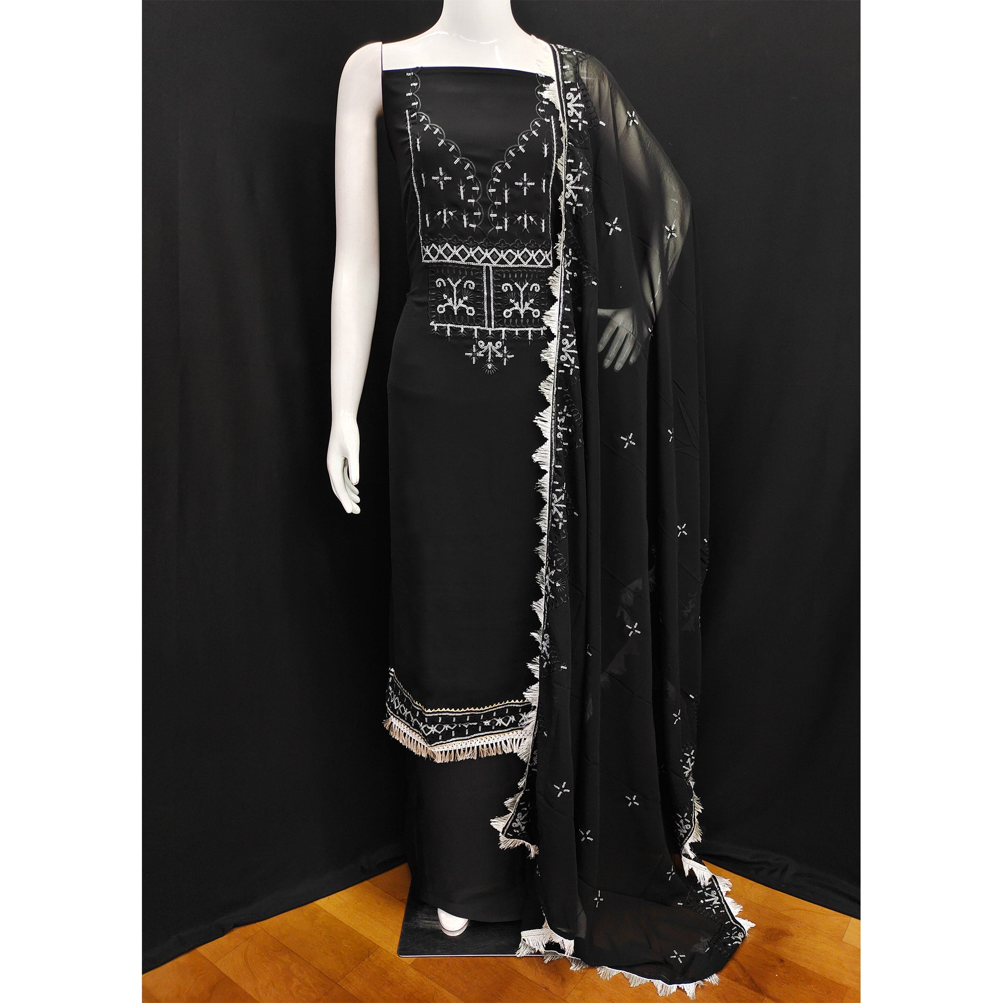 Black Embroidered Georgette Dress Material