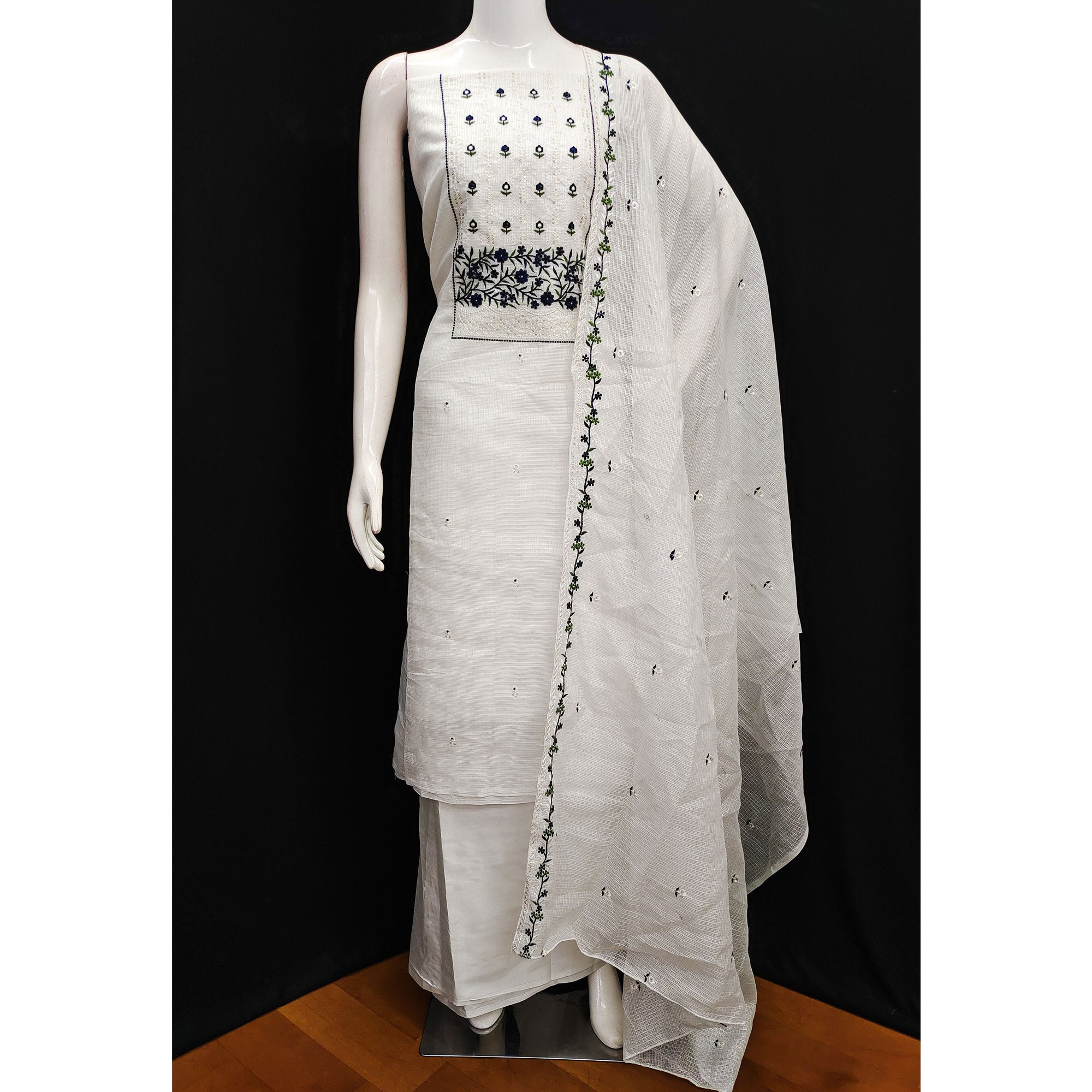 White & Navy Blue Floral Sequins Embroidered Kota Doria Dress Material