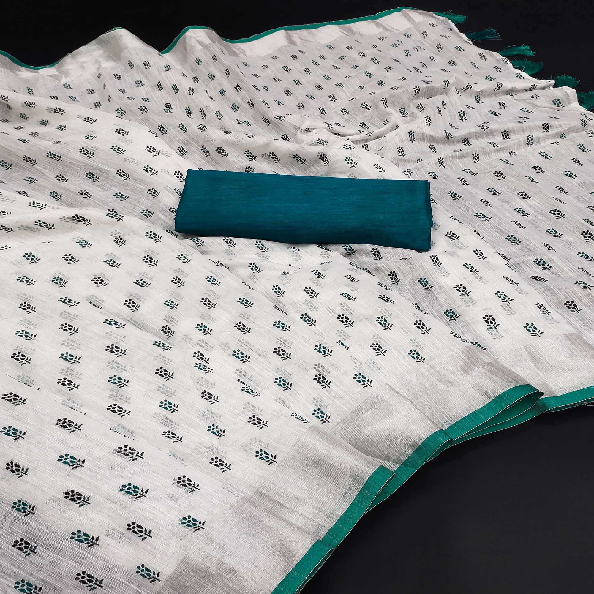 White & Teal Green Floral Printed Linen Saree With Tassels