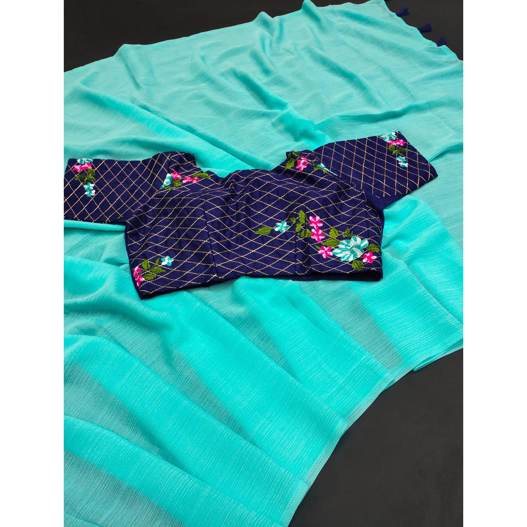 Turquoise Solid Chiffon Saree With Tassels