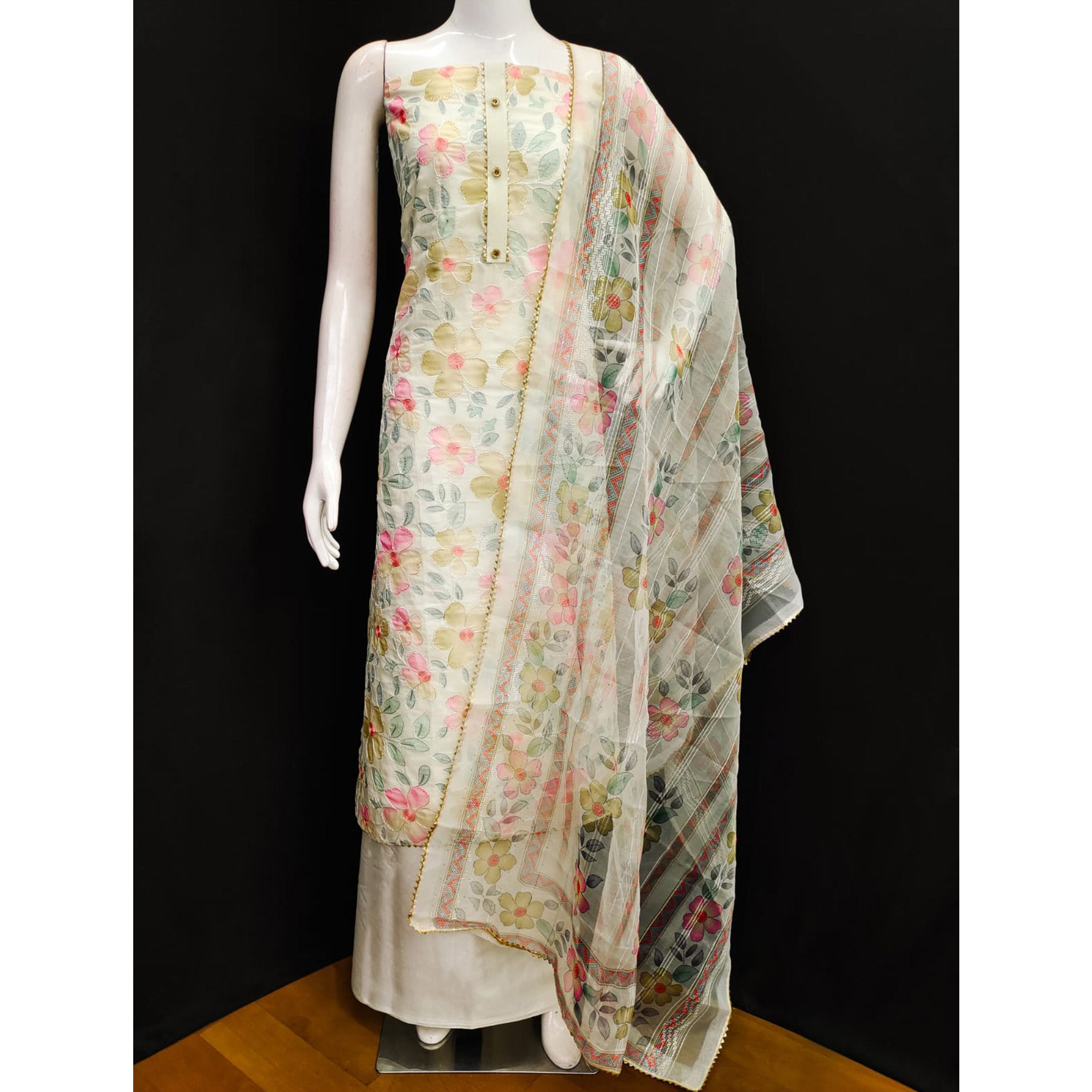 Cream Floral Printed Organza Dress Material