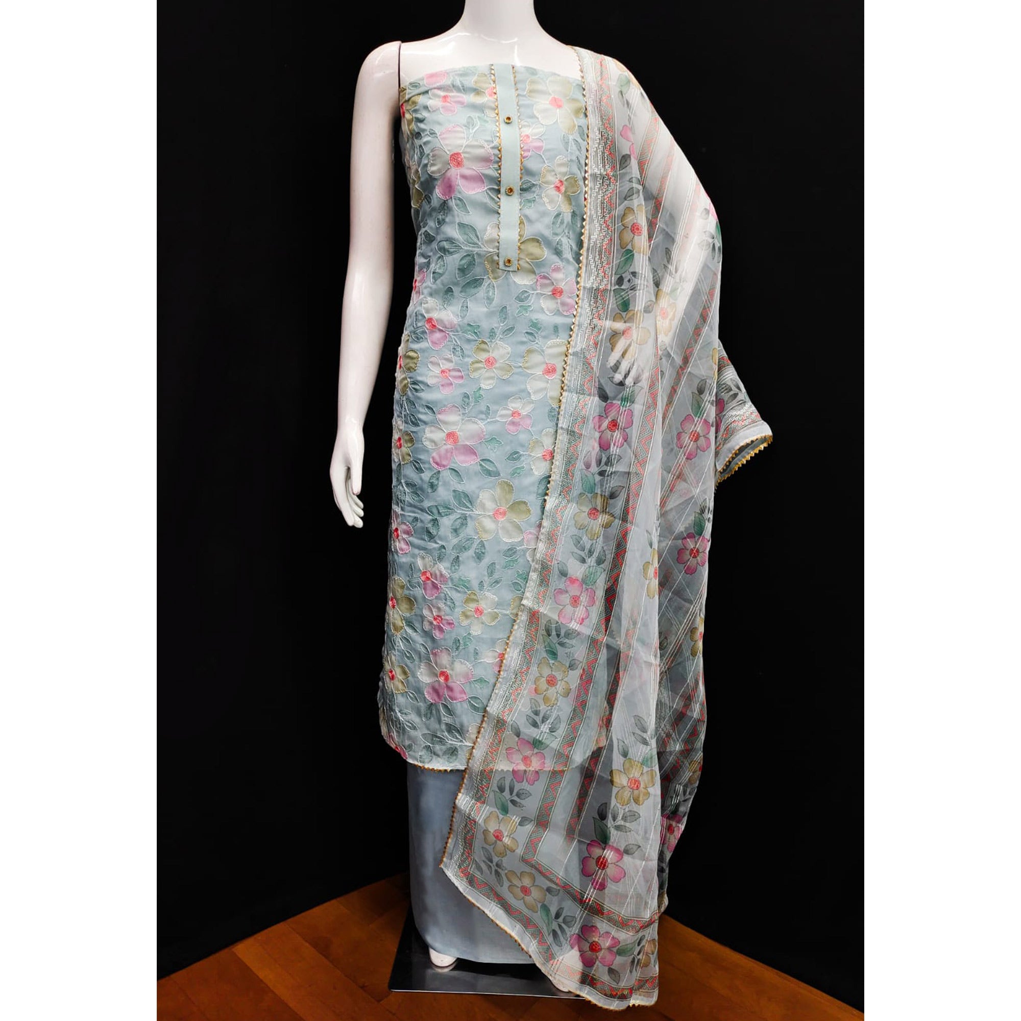 Grey Floral Printed Organza Dress Material