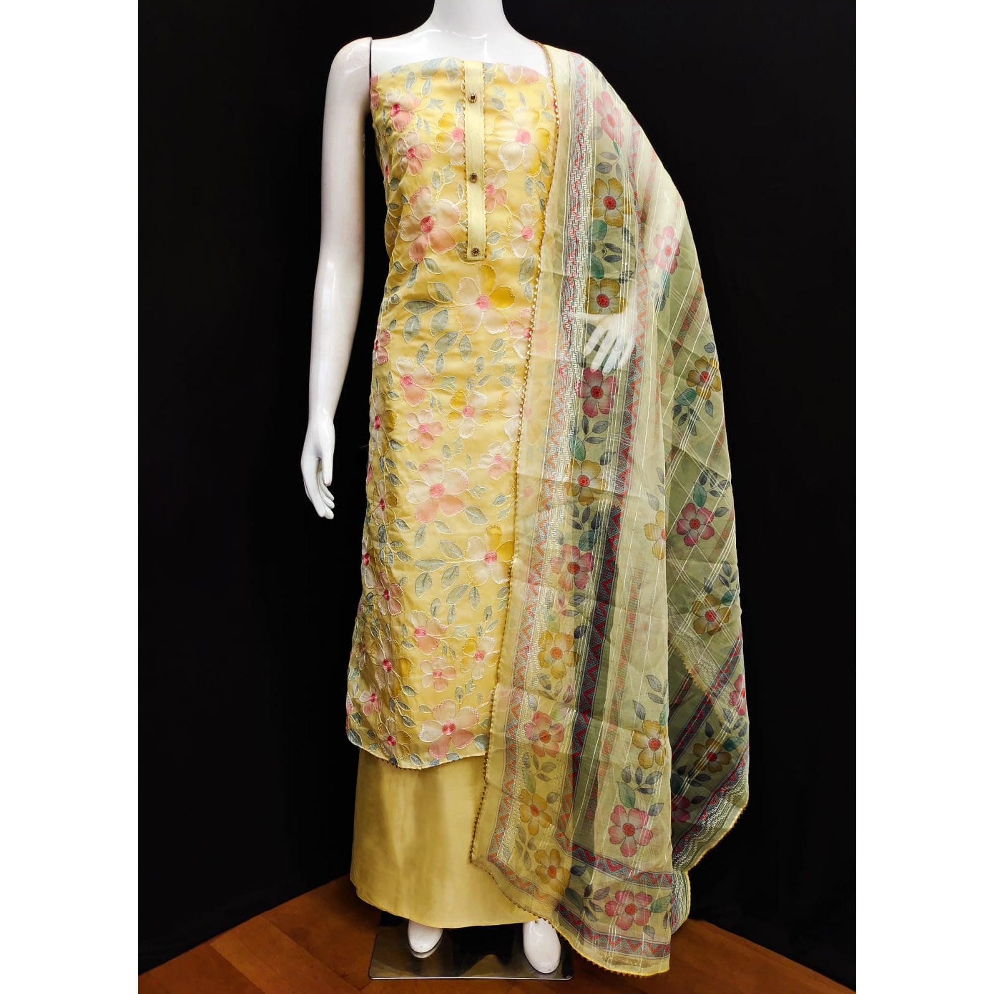 Yellow Floral Printed Organza Dress Material