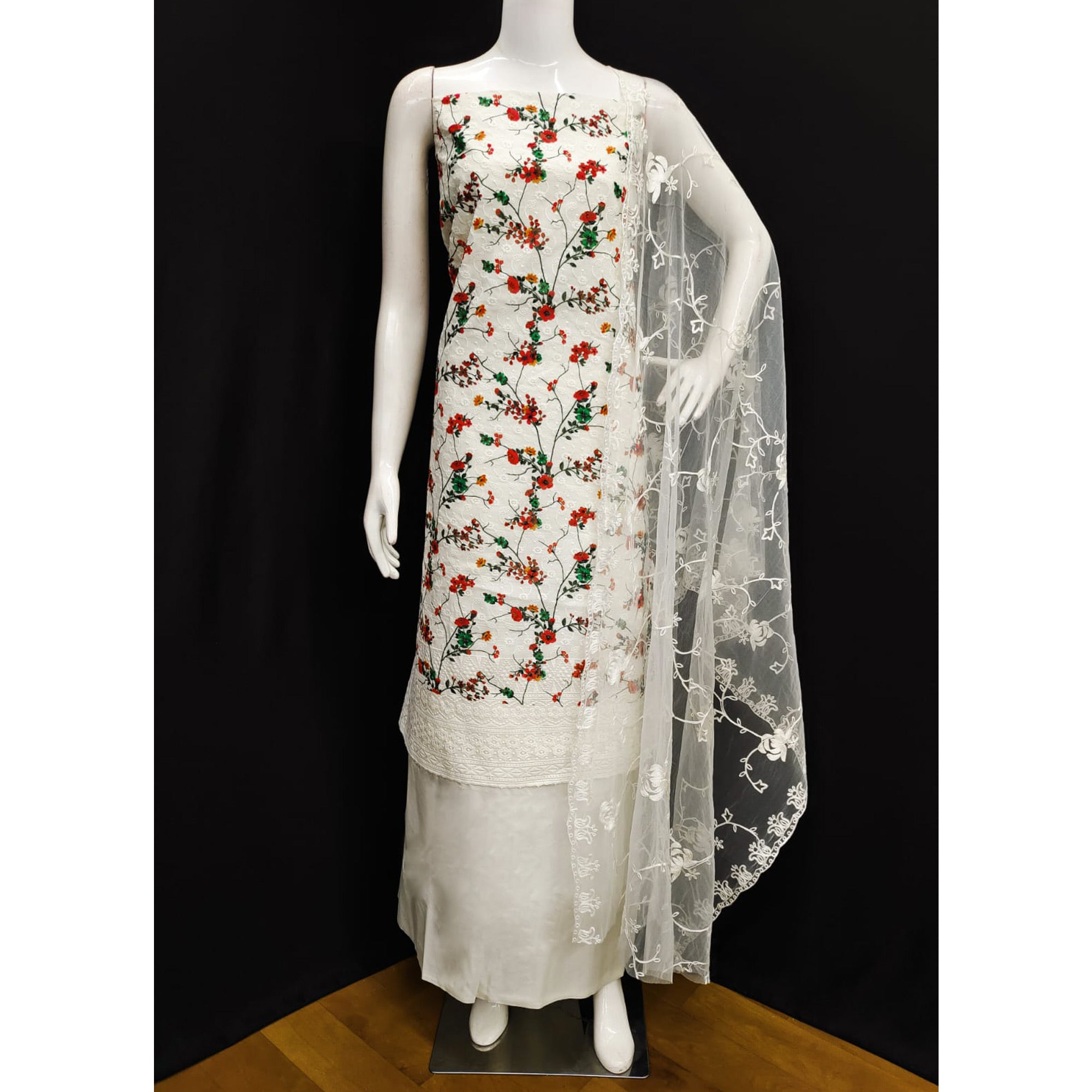 Off White Lucknowi With Embroidered Cotton Blend Dress Material
