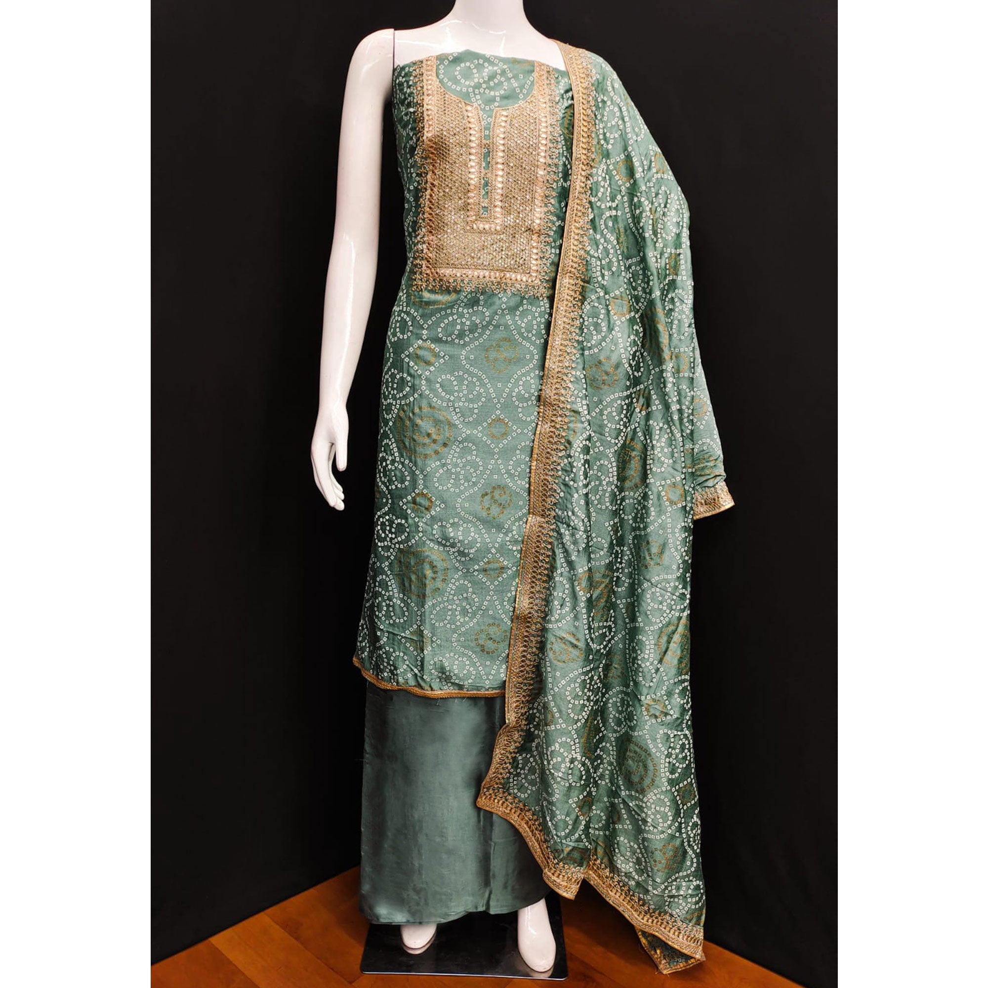 Green Bandhani Printed With Embroidered Vichitra Silk Dress Material