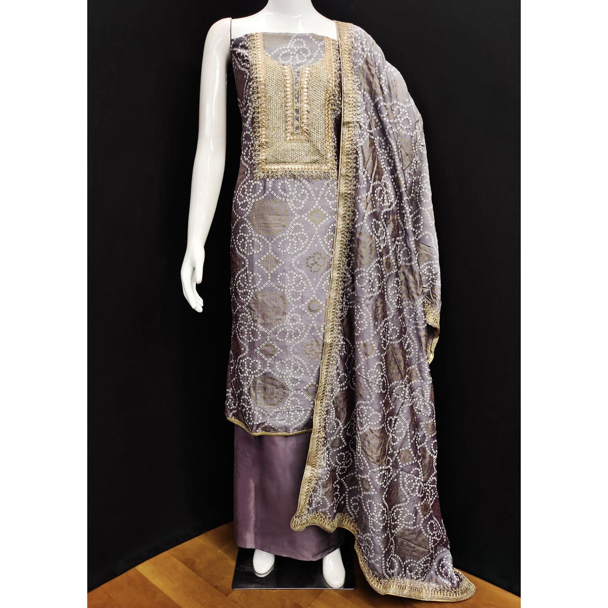 Purple Bandhani Printed With Embroidered Vichitra Silk Dress Material