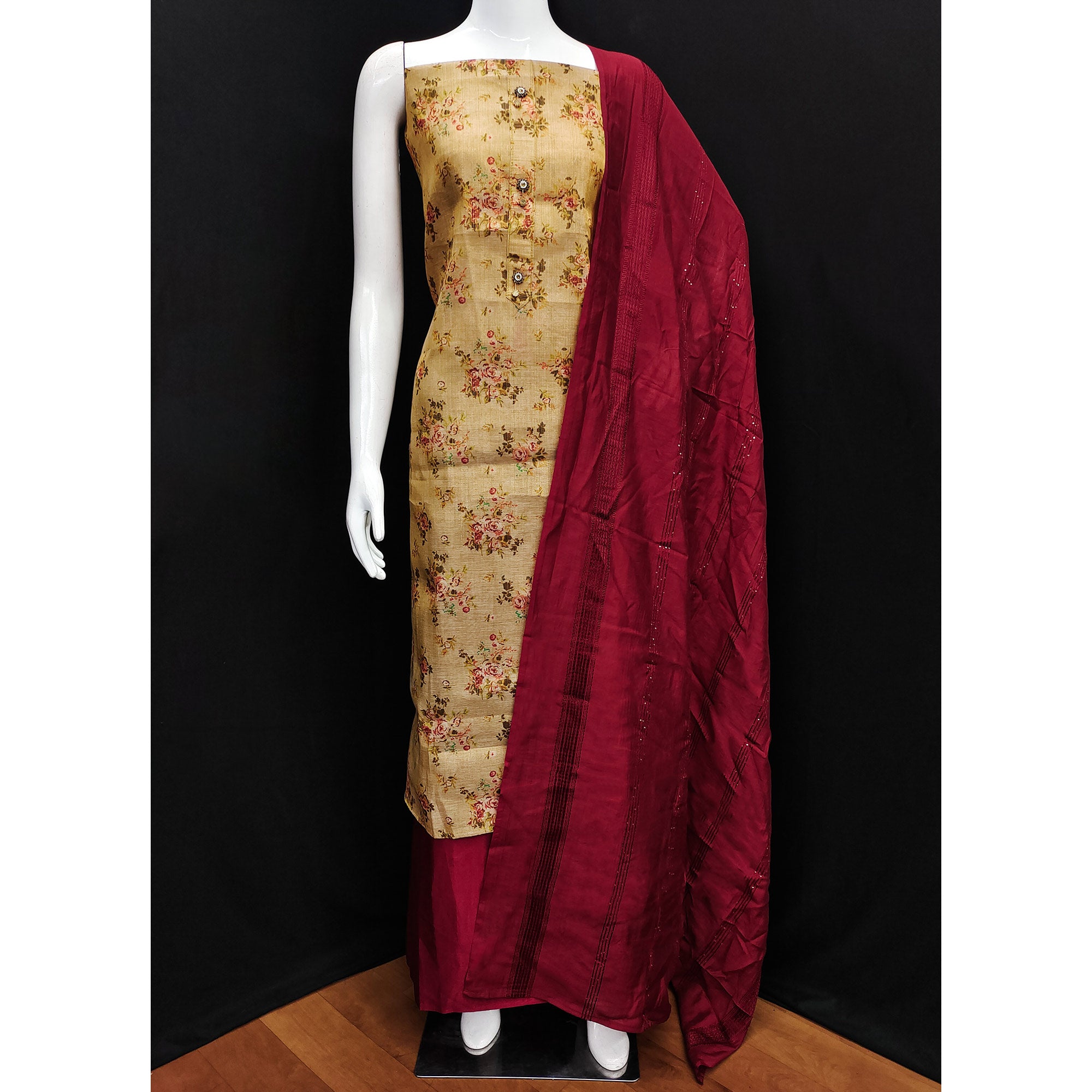 Beige Floral Printed Cotton Silk Dress Material