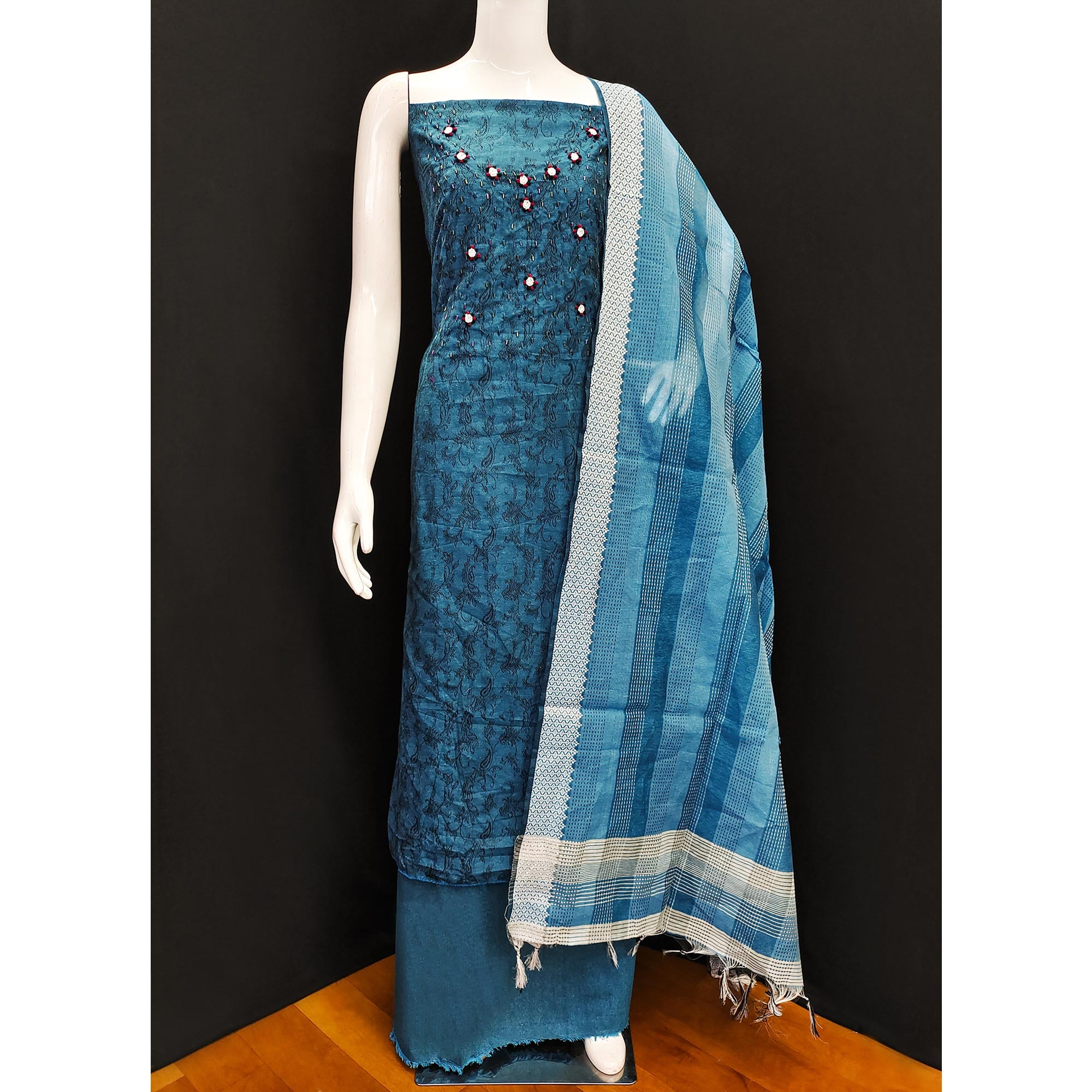 Blue Embroidered Pure Cotton Dress Material