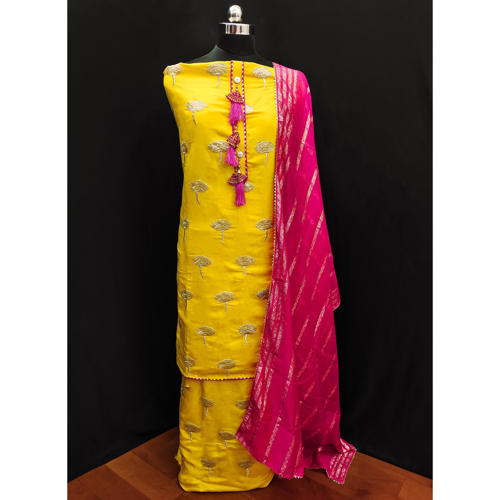 Yellow Floral Embroidered Viscose Dress Material