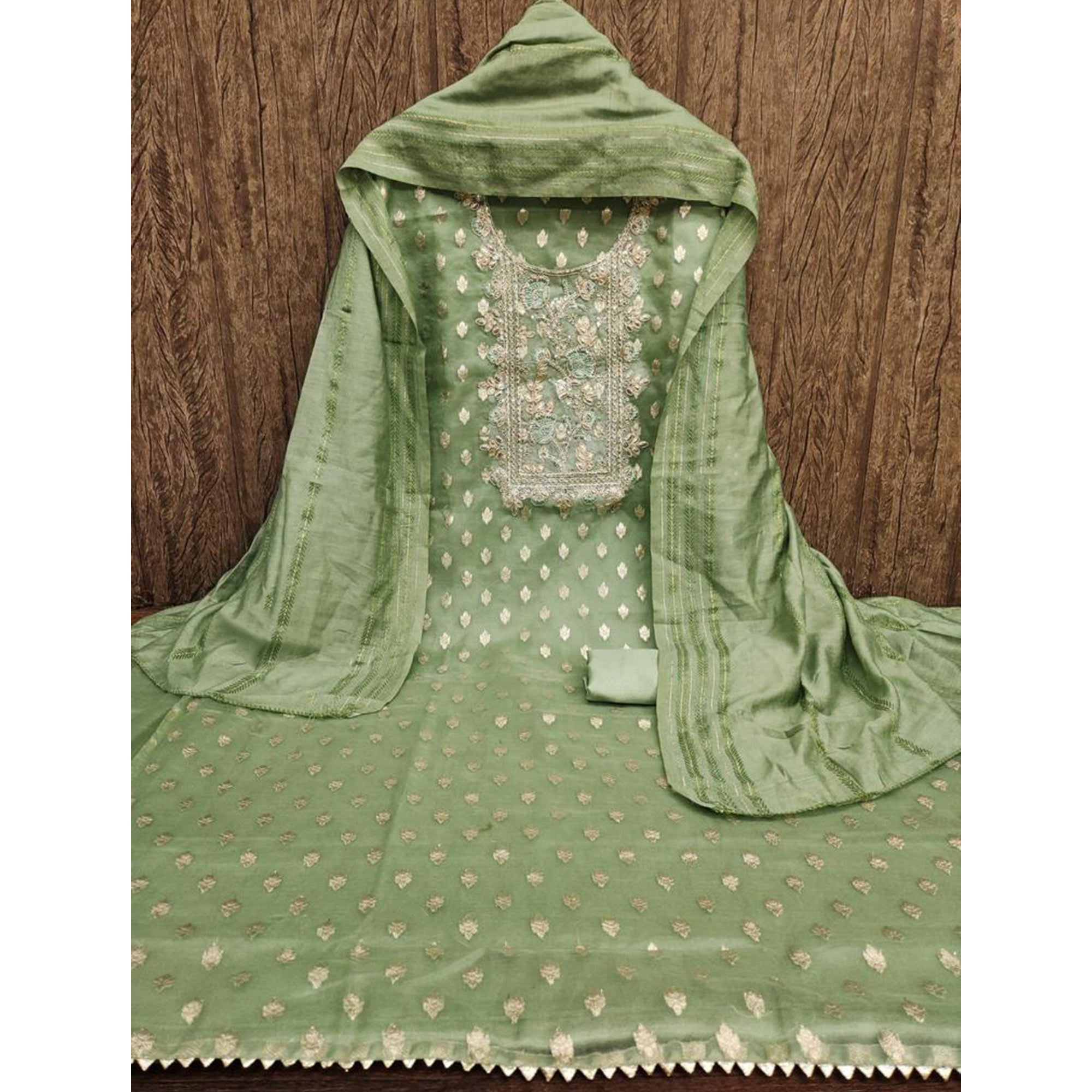 Green Woven Jacquard Dress Material